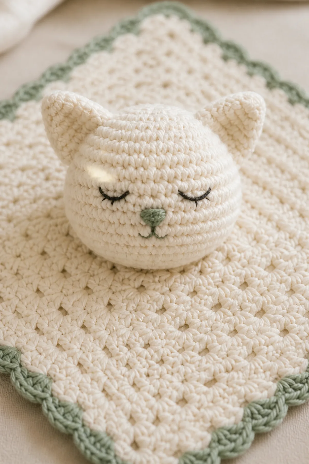 Close-up of the stitch texture and securely finished details on amigurumi kitty free crochet patterns