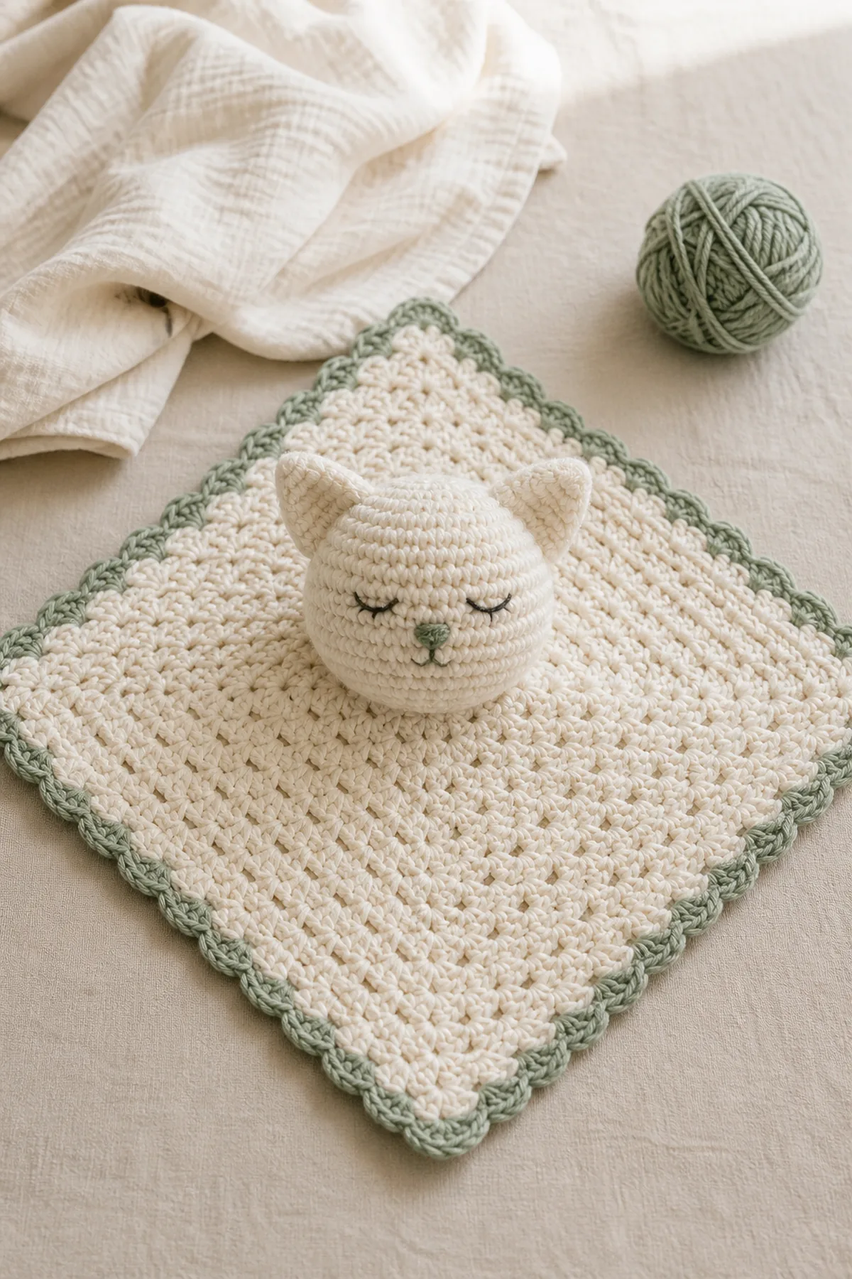 Finished amigurumi kitty free crochet patterns in soft cream and sage yarn on a neutral nursery surface