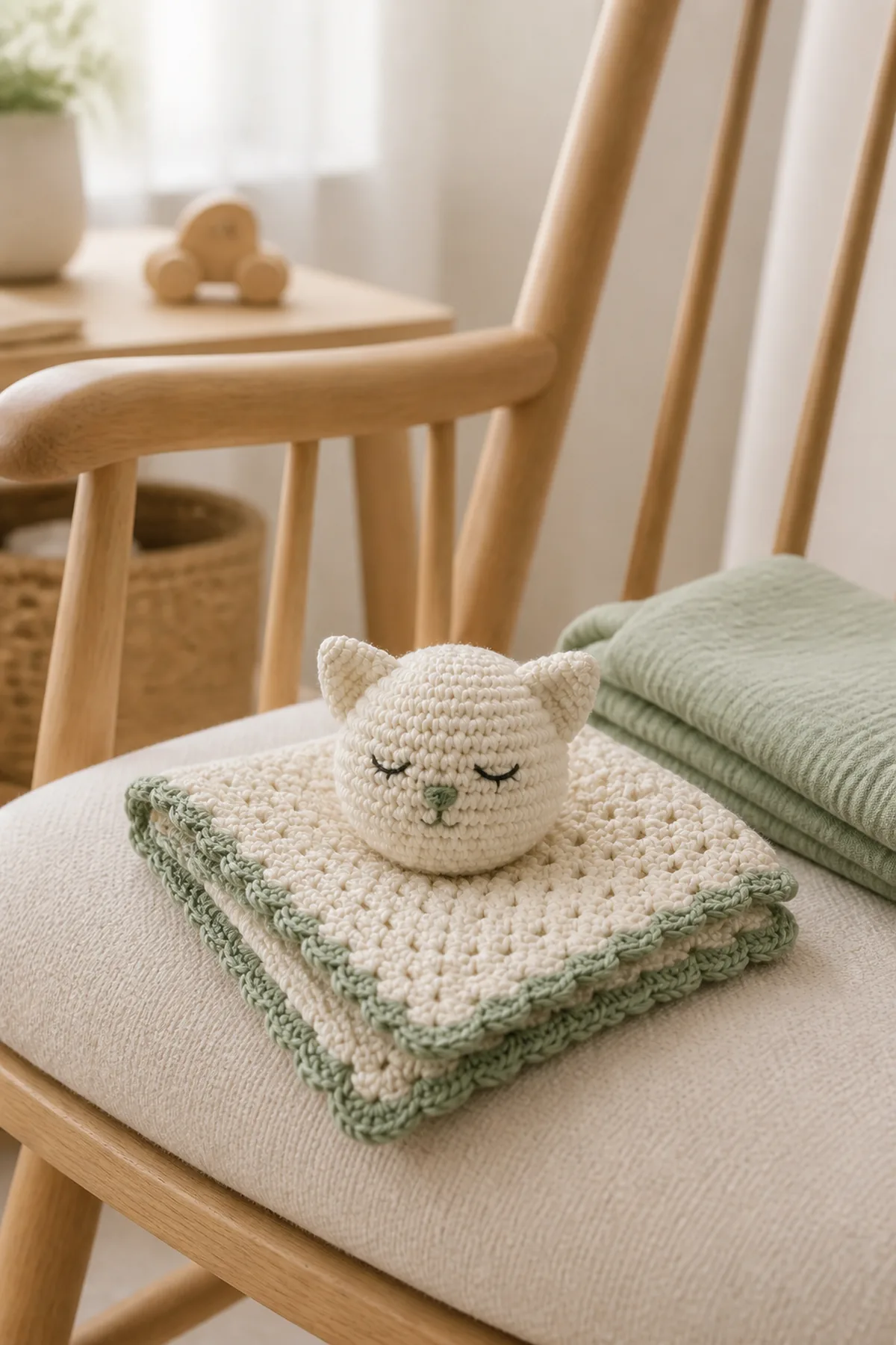 Finished amigurumi kitty free crochet patterns styled in a calm bright nursery setting without a baby present