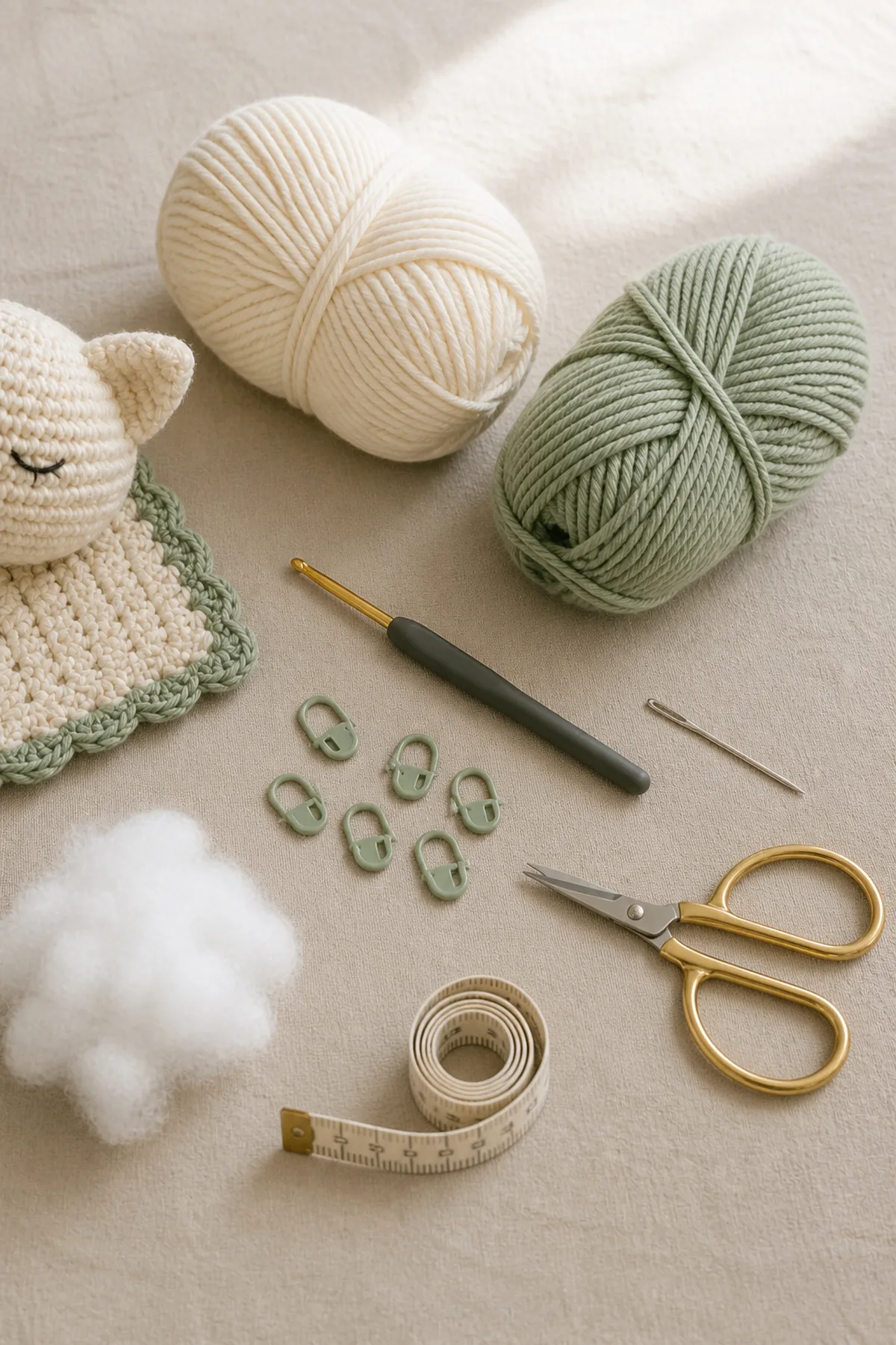 Baby-friendly yarn, crochet hook, stitch markers, tape measure, yarn needle, and scissors for amigurumi kitty free crochet patterns
