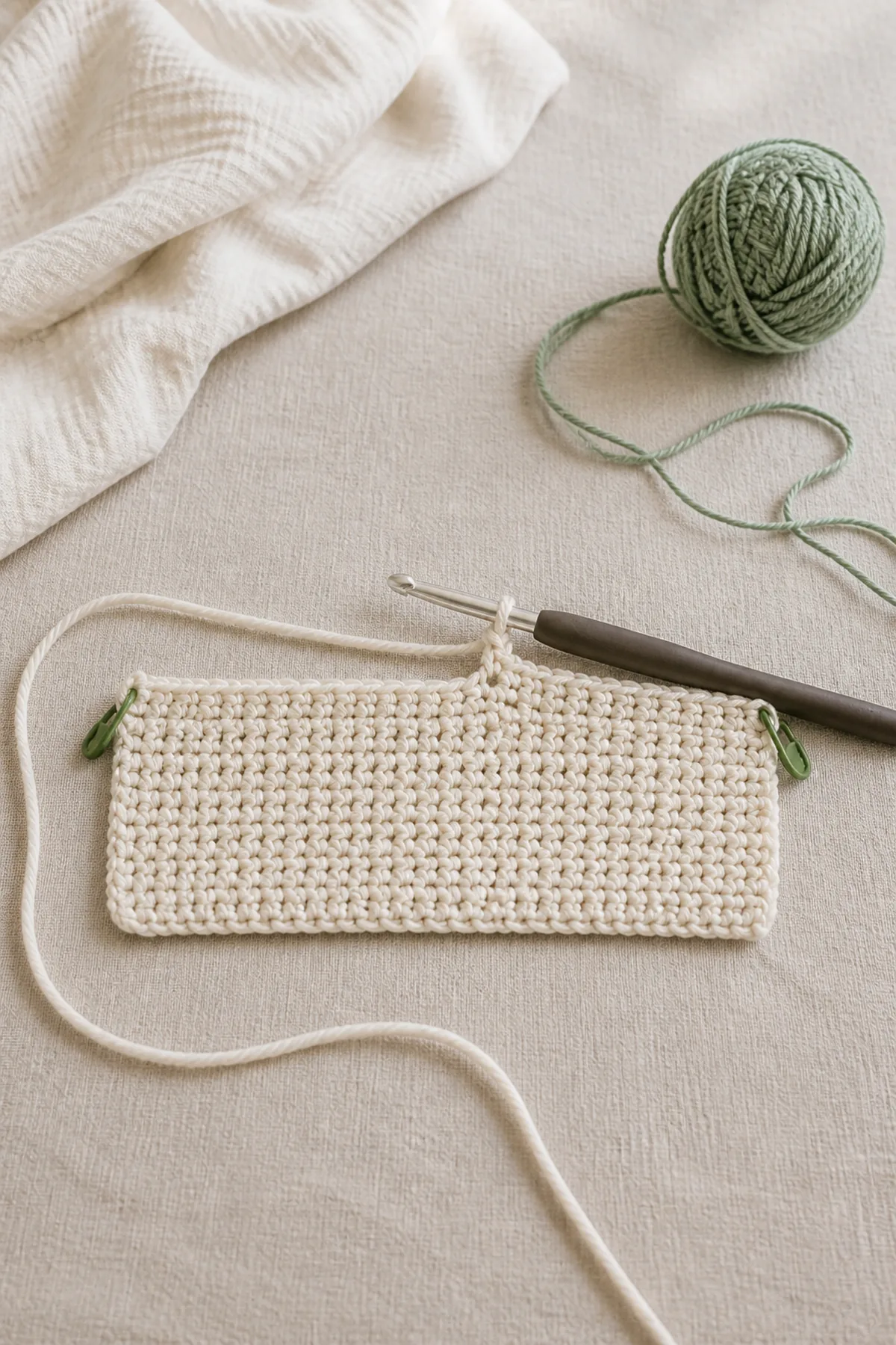 Early counted crochet stage of amigurumi kitty free crochet patterns with matching yarn and hook