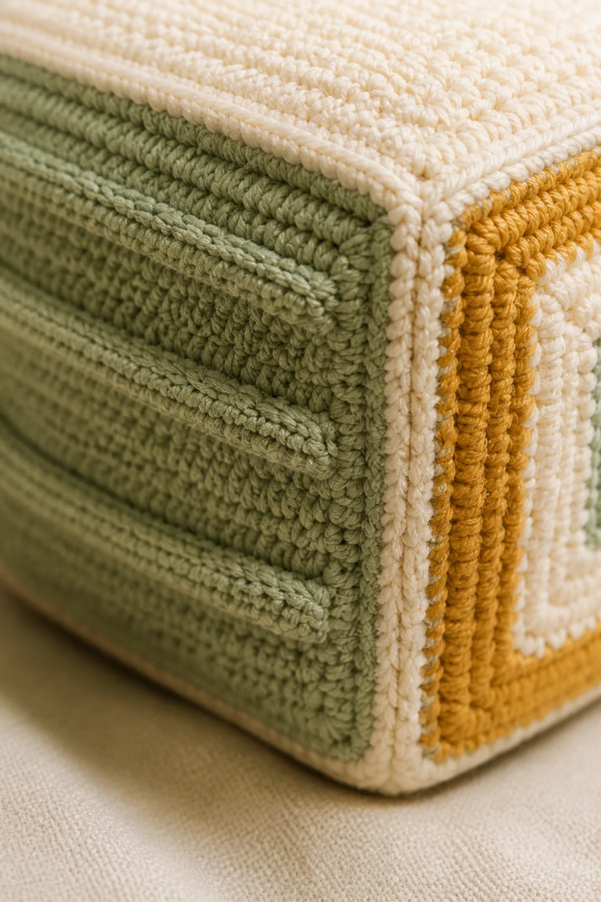 Close-up of flat surface-crochet ridges and reinforced seams on baby sensory block cube toy free crochet patterns