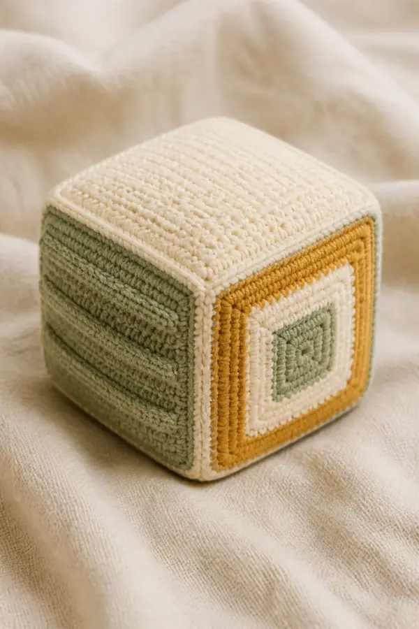 Finished baby sensory block cube toy free crochet patterns with six cream, sage, and honey crochet faces