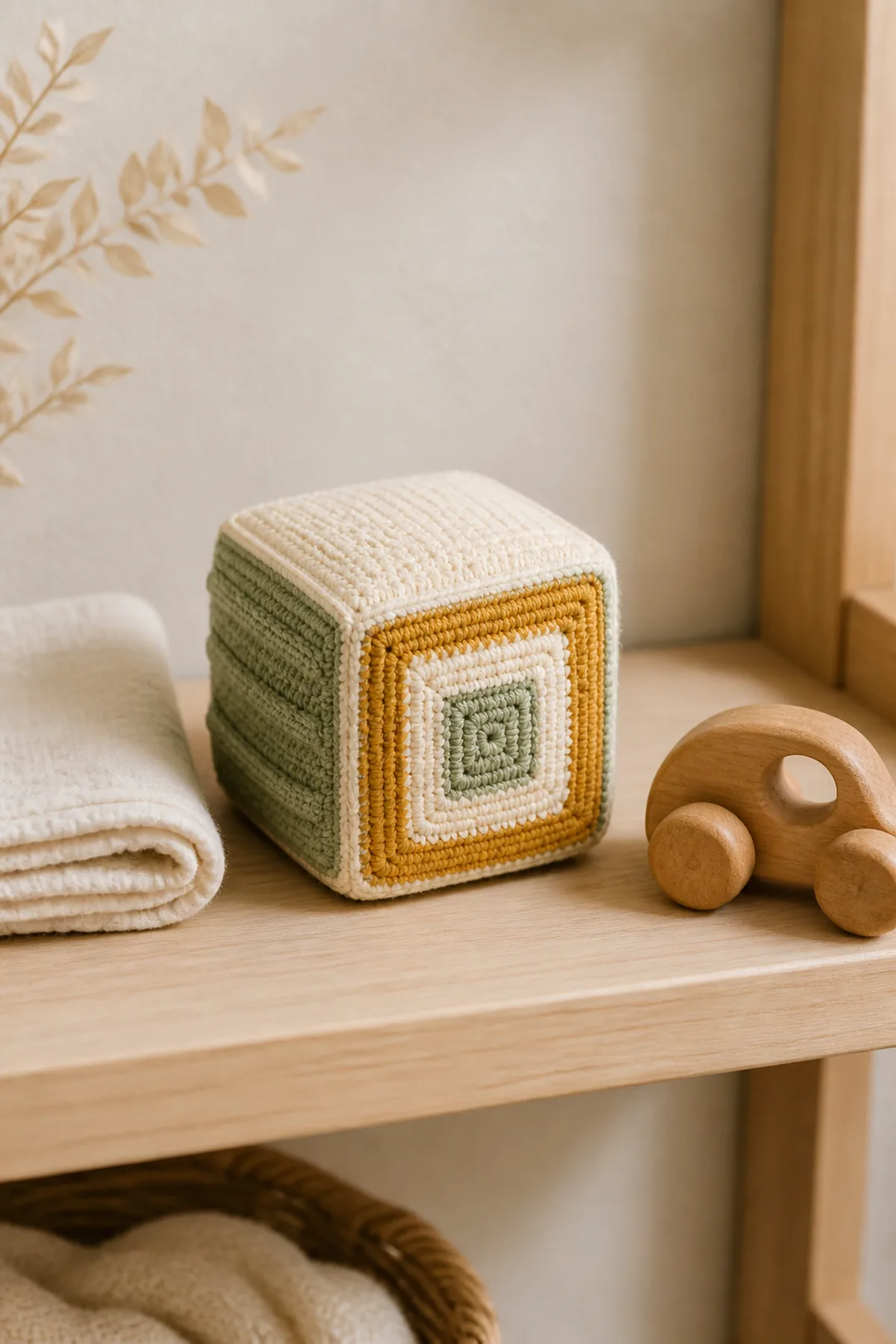 Finished baby sensory block cube toy free crochet patterns styled in a calm bright nursery setting without a baby present