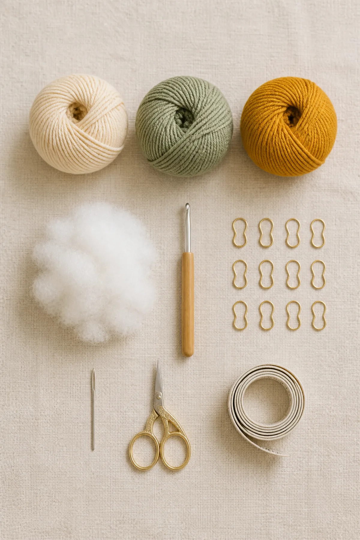 Baby-friendly yarn, crochet hook, stitch markers, tape measure, yarn needle, and scissors for baby sensory block cube toy free crochet patterns