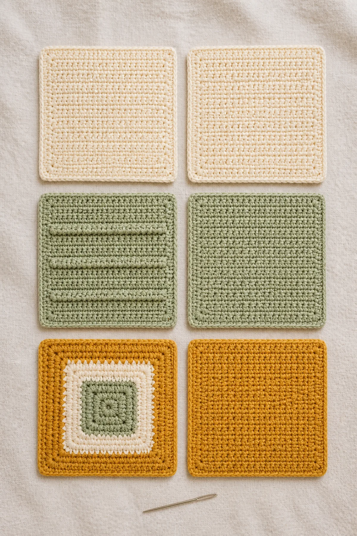 Six blocked crochet panels for baby sensory block cube toy free crochet patterns before cube assembly
