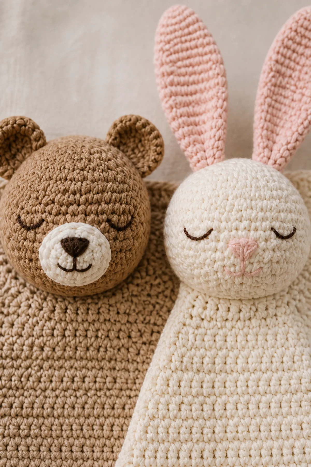Close-up of embroidered sleepy bear and bunny faces with secure flat ears