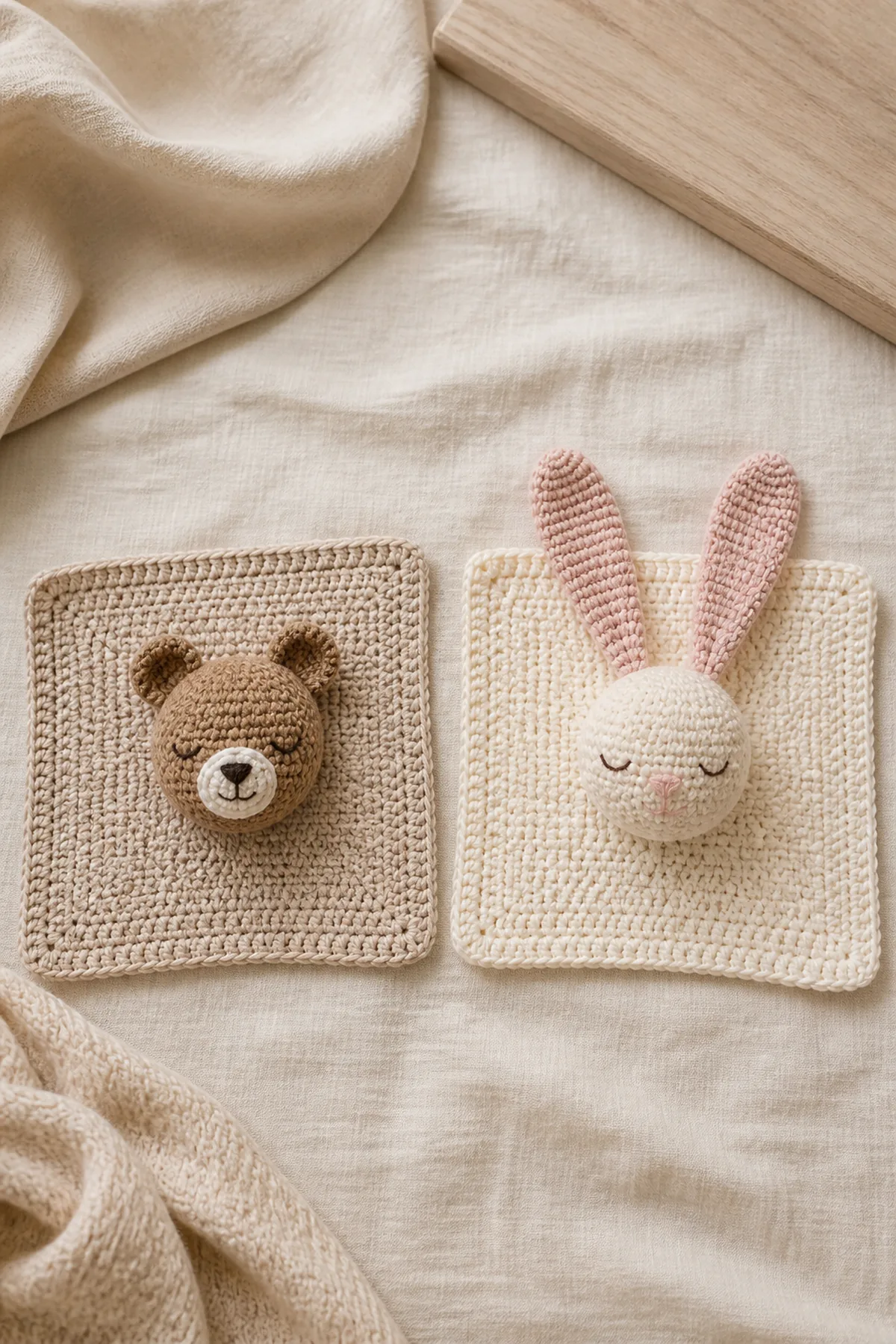 Finished matching bear and bunny lovey blankets with oatmeal, caramel, cream, and blush yarn