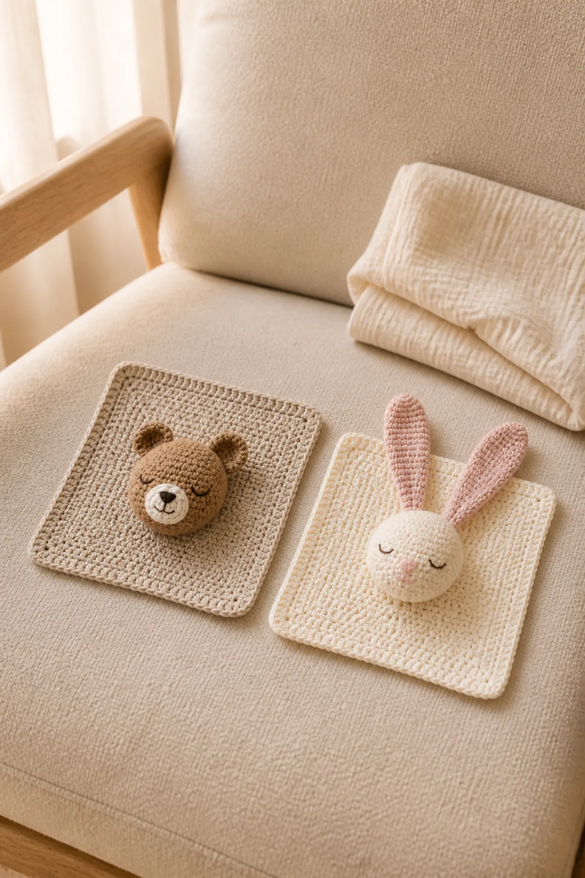 Finished bear and bunny lovey blankets styled in a calm bright nursery setting without a baby present