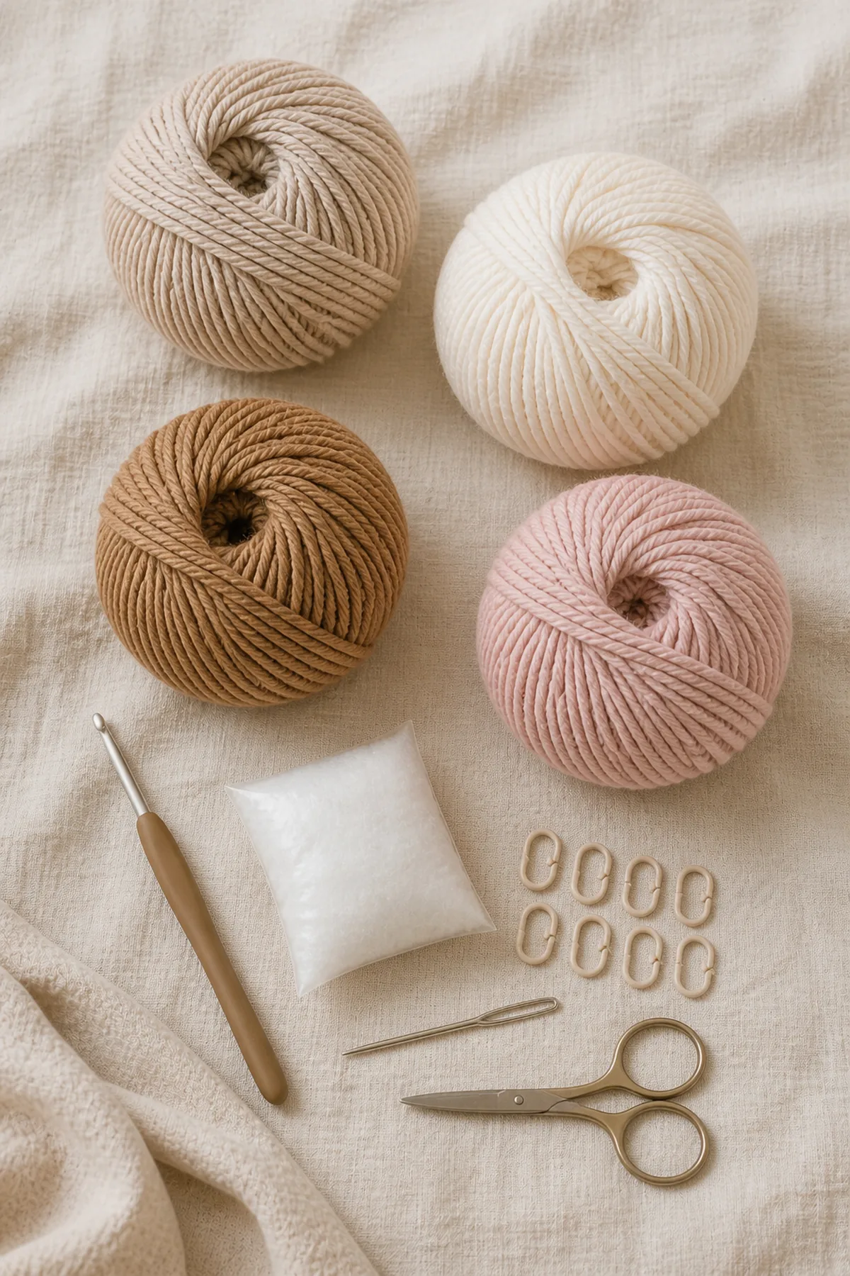 Baby-friendly yarn, crochet hook, stitch markers, tape measure, yarn needle, and scissors for bear and bunny lovey blankets