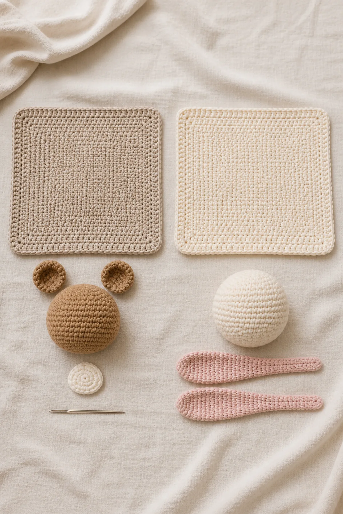 Two blocked lovey squares with separate bear and bunny head pieces before assembly