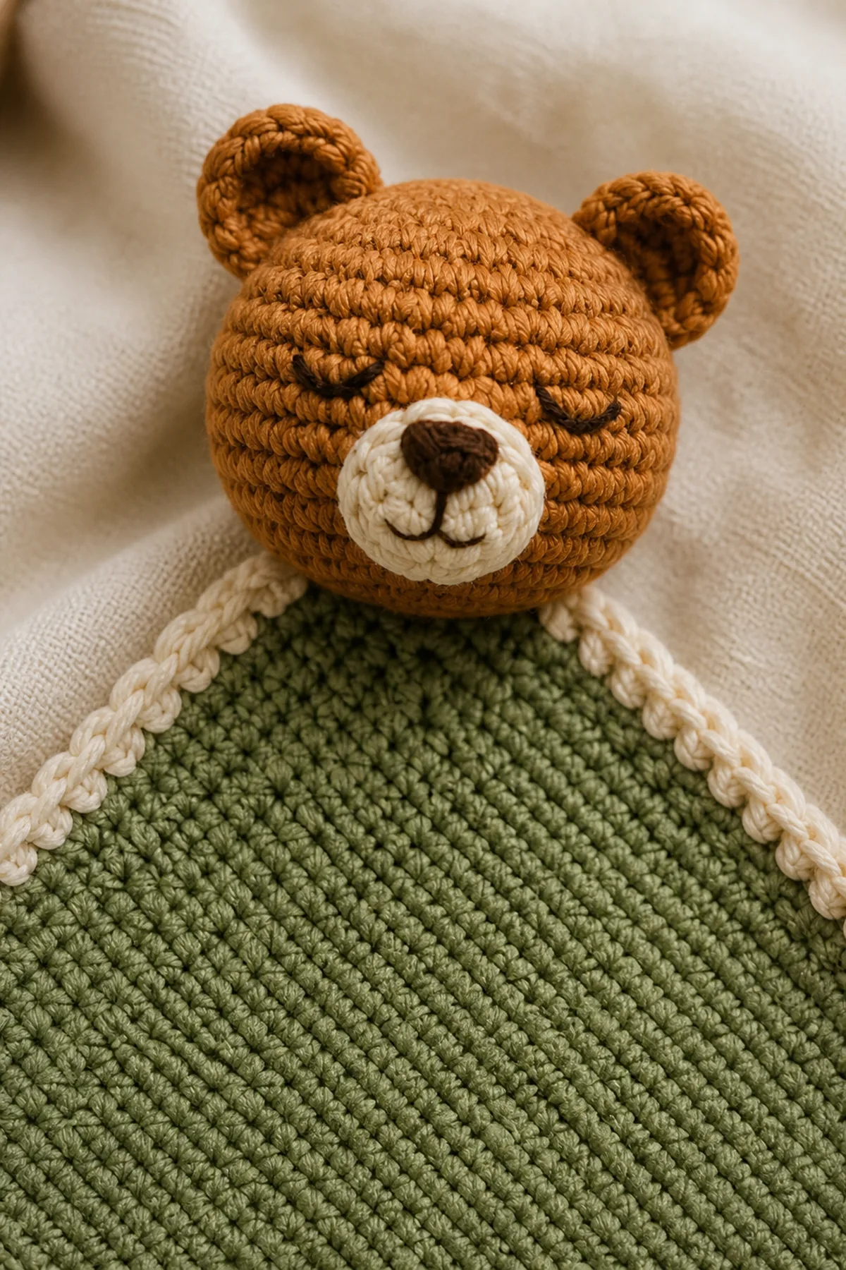 Close-up of the embroidered caramel bear face and reinforced corner attachment
