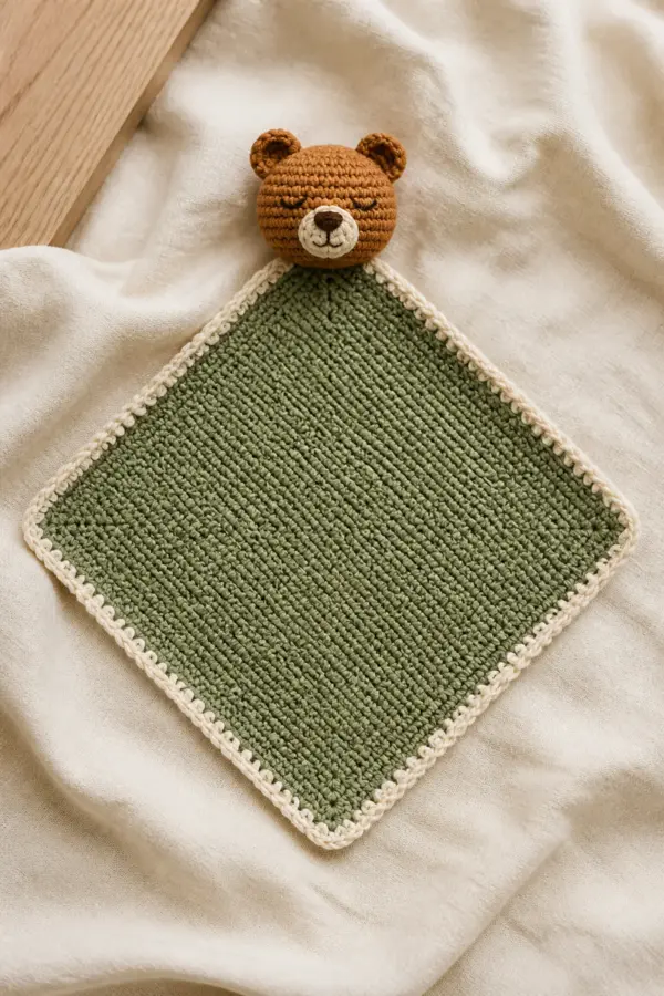 Finished bear security blanket with a moss square and caramel bear attached at one corner