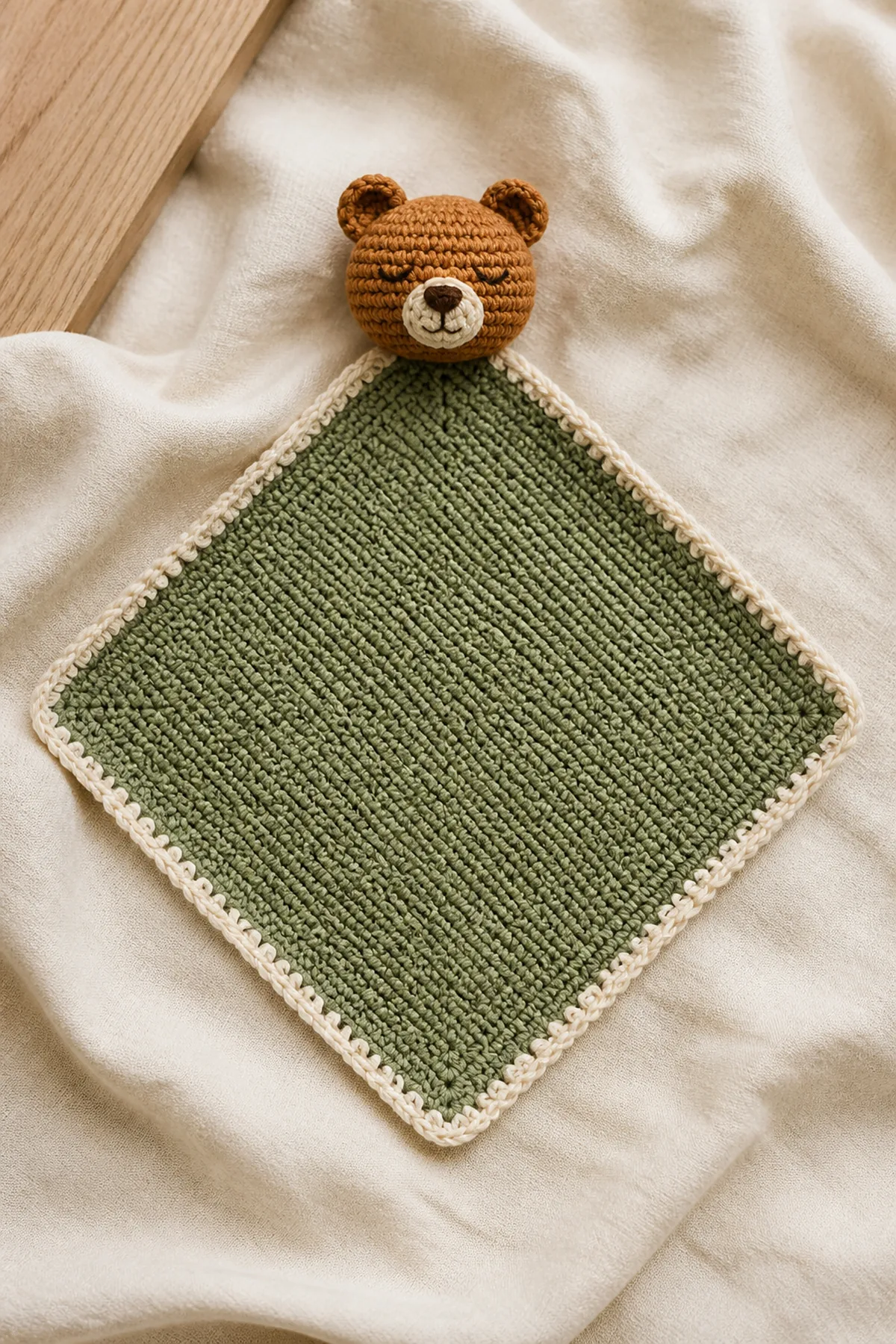Finished bear security blanket with a moss square and caramel bear attached at one corner