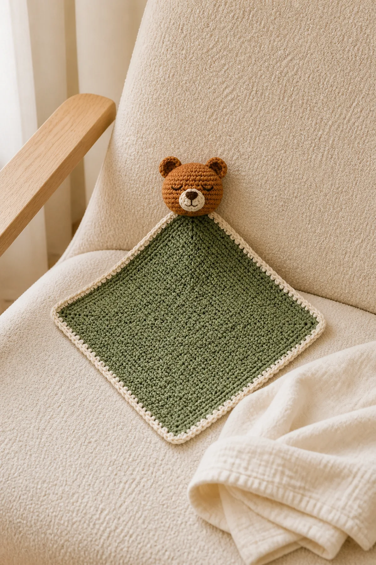 Finished bear security blanket styled in a calm bright nursery setting without a baby present
