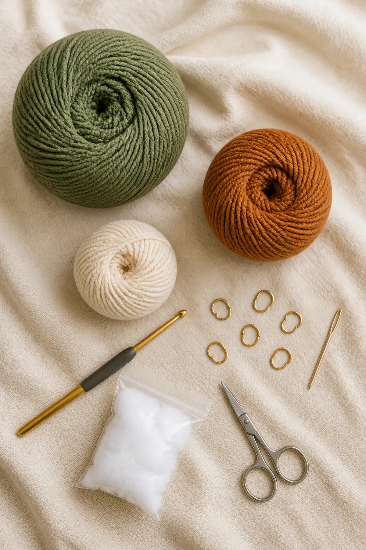 Baby-friendly yarn, crochet hook, stitch markers, tape measure, yarn needle, and scissors for bear security blanket