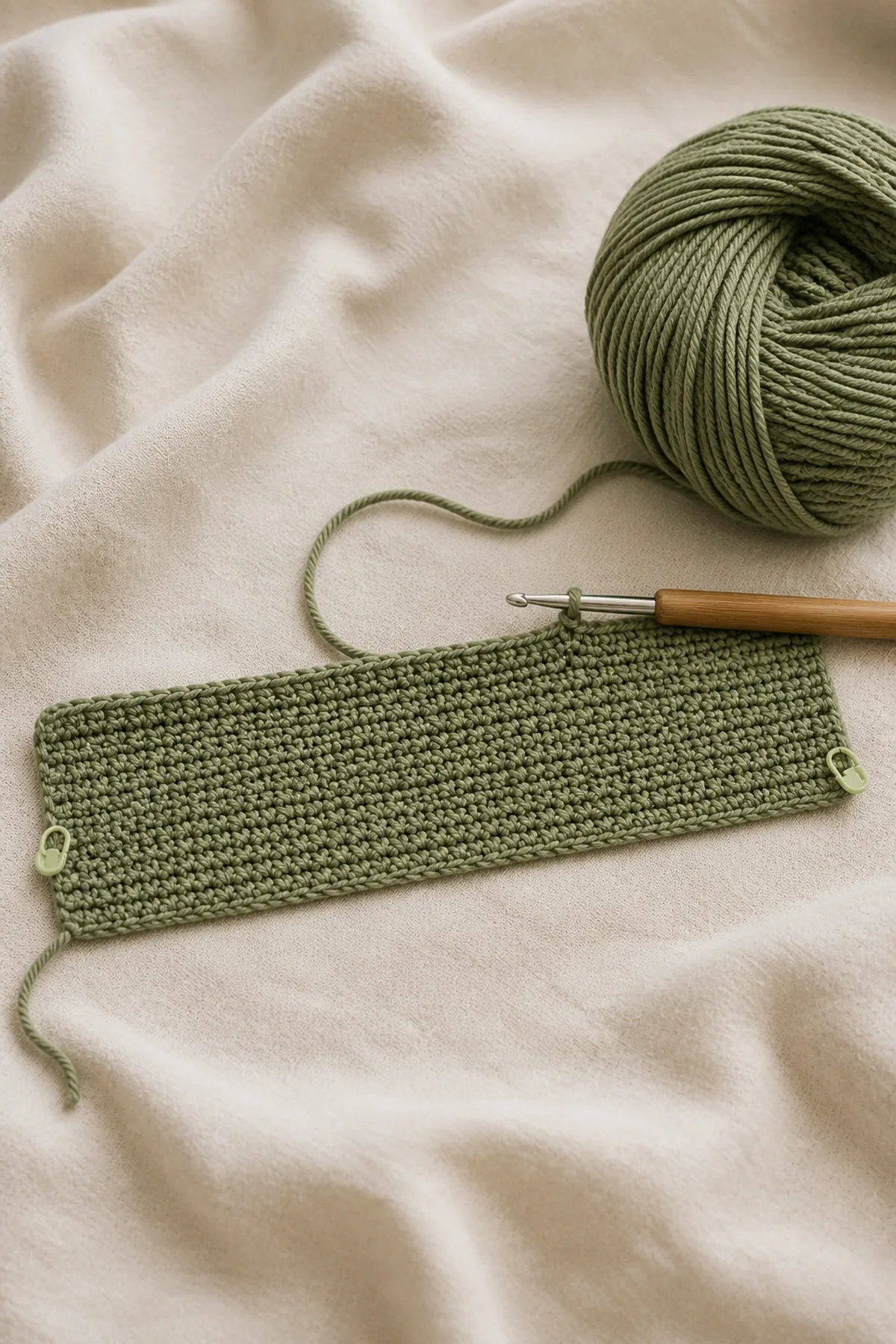 Early counted crochet stage of bear security blanket with matching yarn and hook