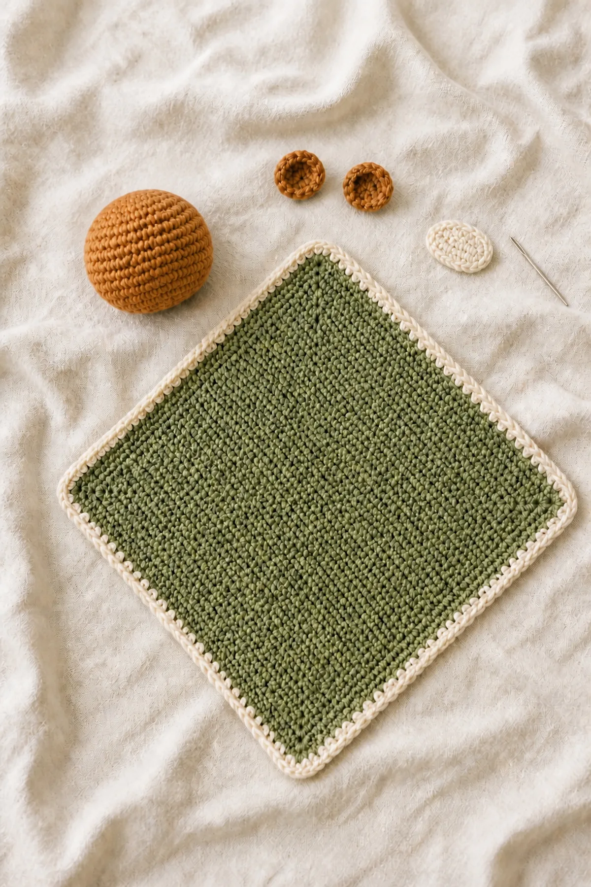 Mid-process construction of bear security blanket showing the established shape