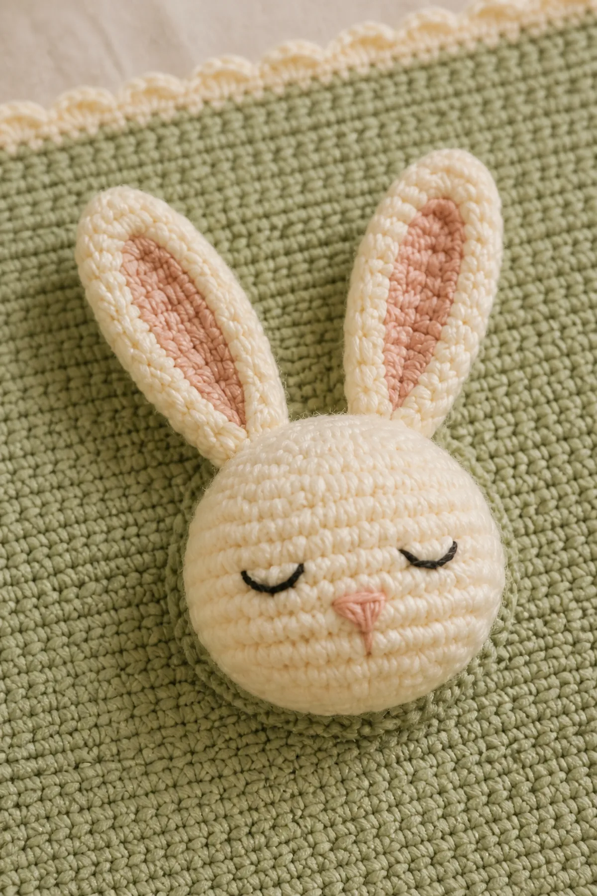 Close-up of the bunny's embroidered sleepy face, flat blush ear panels, and reinforced seams