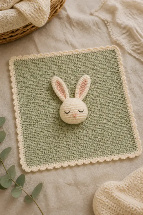 Finished bunny lovey blanket with a pale sage square, cream scalloped edge, and long-eared cream bunny