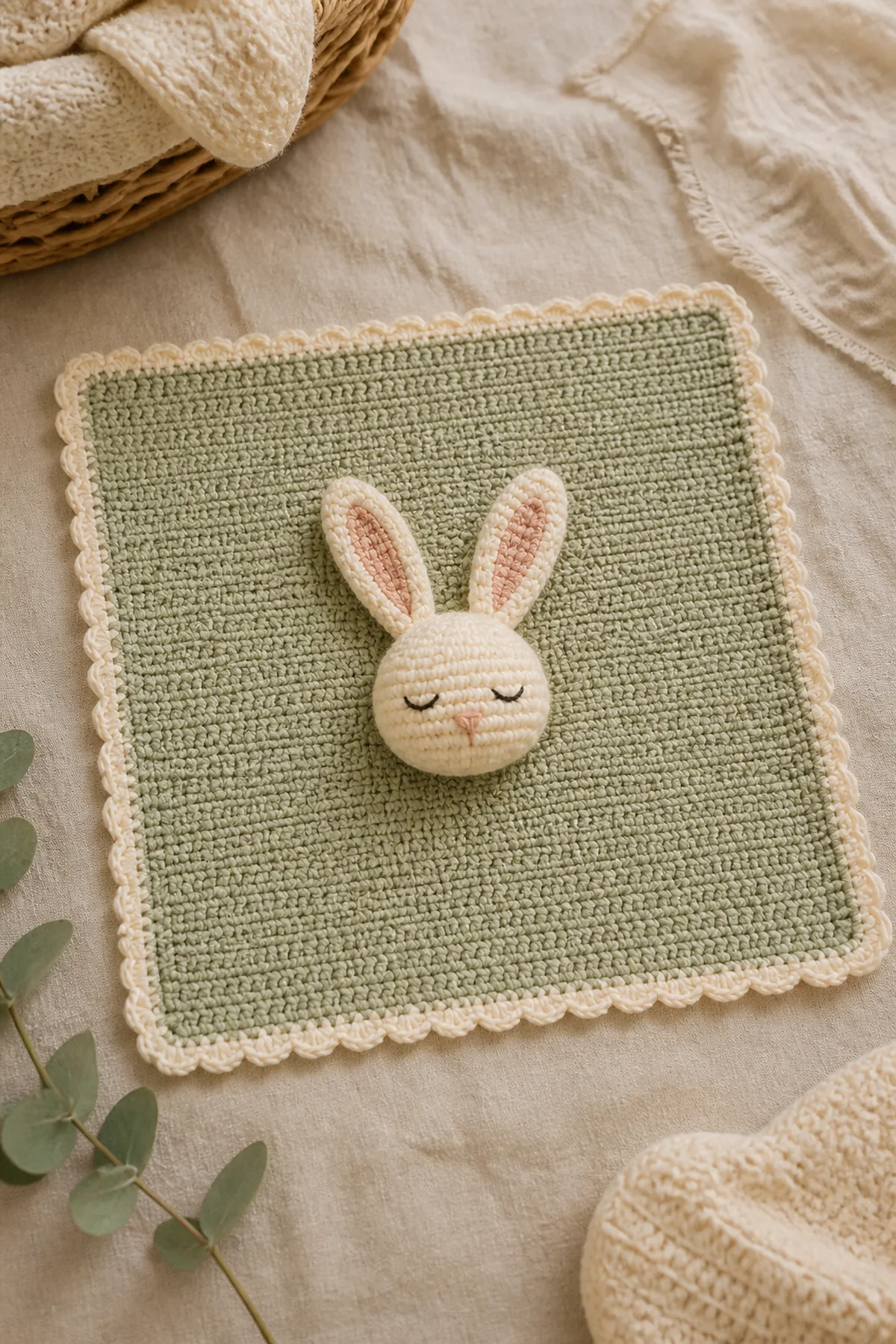 Finished bunny lovey blanket with a pale sage square, cream scalloped edge, and long-eared cream bunny