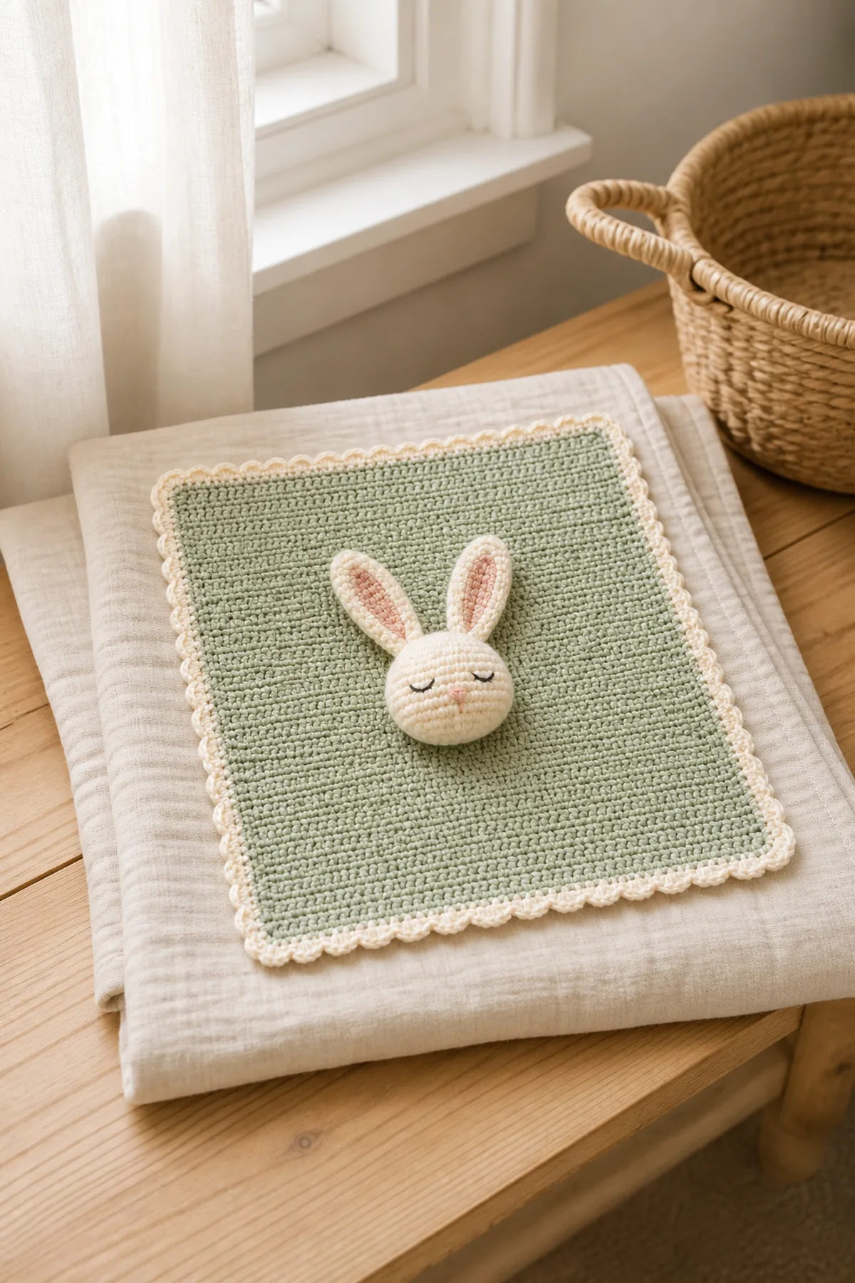 Finished bunny lovey blanket styled in a calm bright nursery setting without a baby present