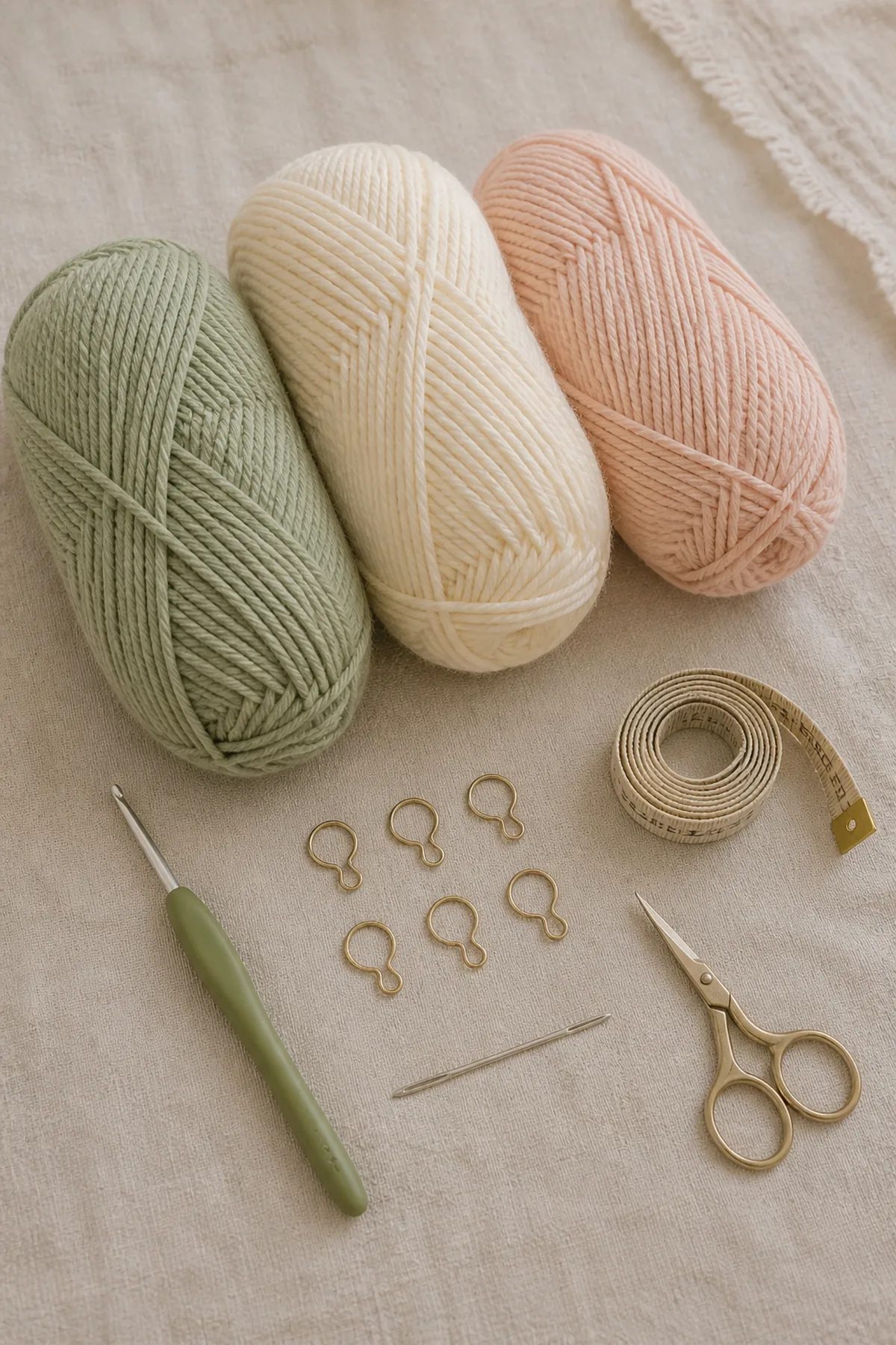 Baby-friendly yarn, crochet hook, stitch markers, tape measure, yarn needle, and scissors for bunny lovey blanket
