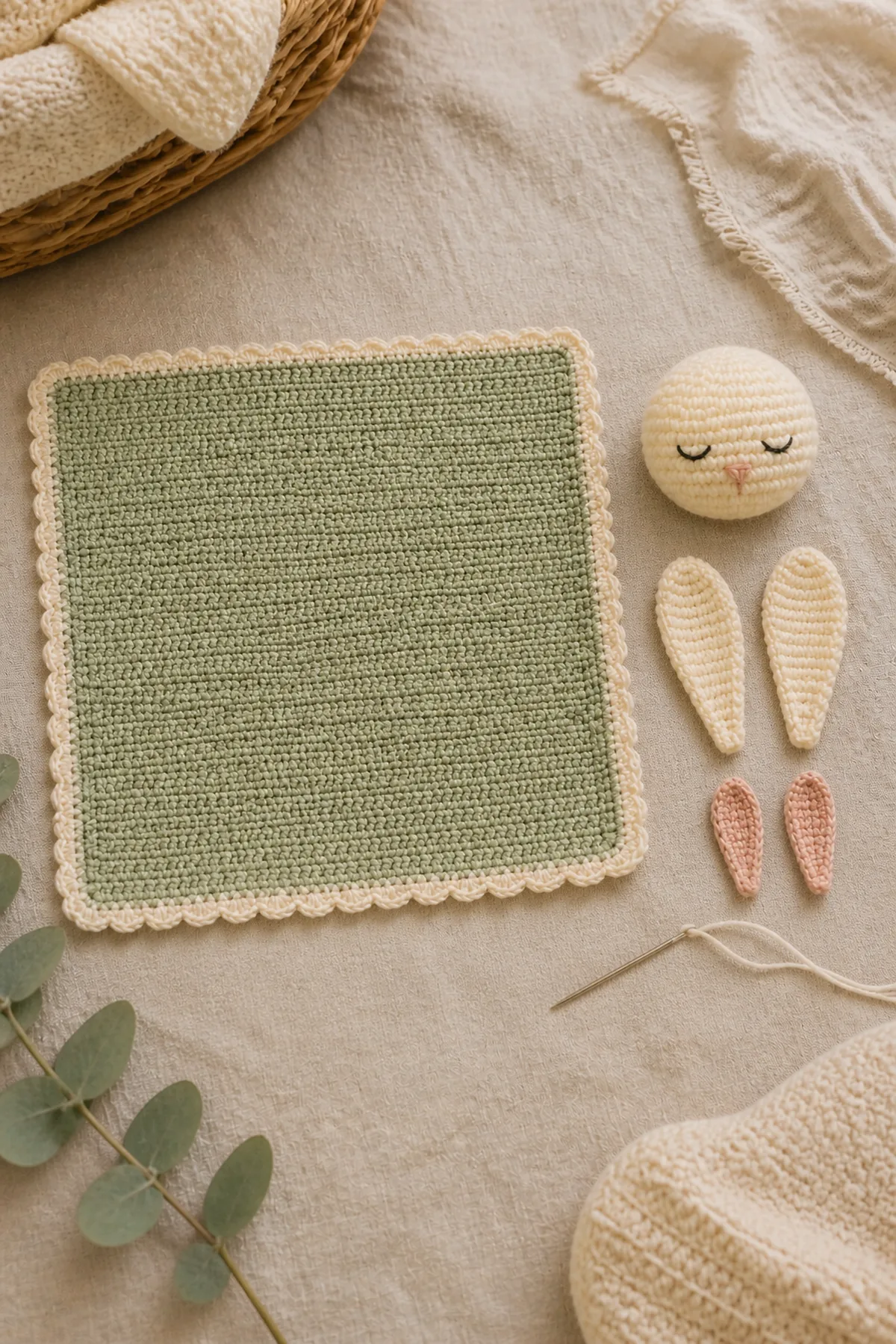 Blocked pale sage square with separate cream bunny head, two long ears, and blush inner-ear panels