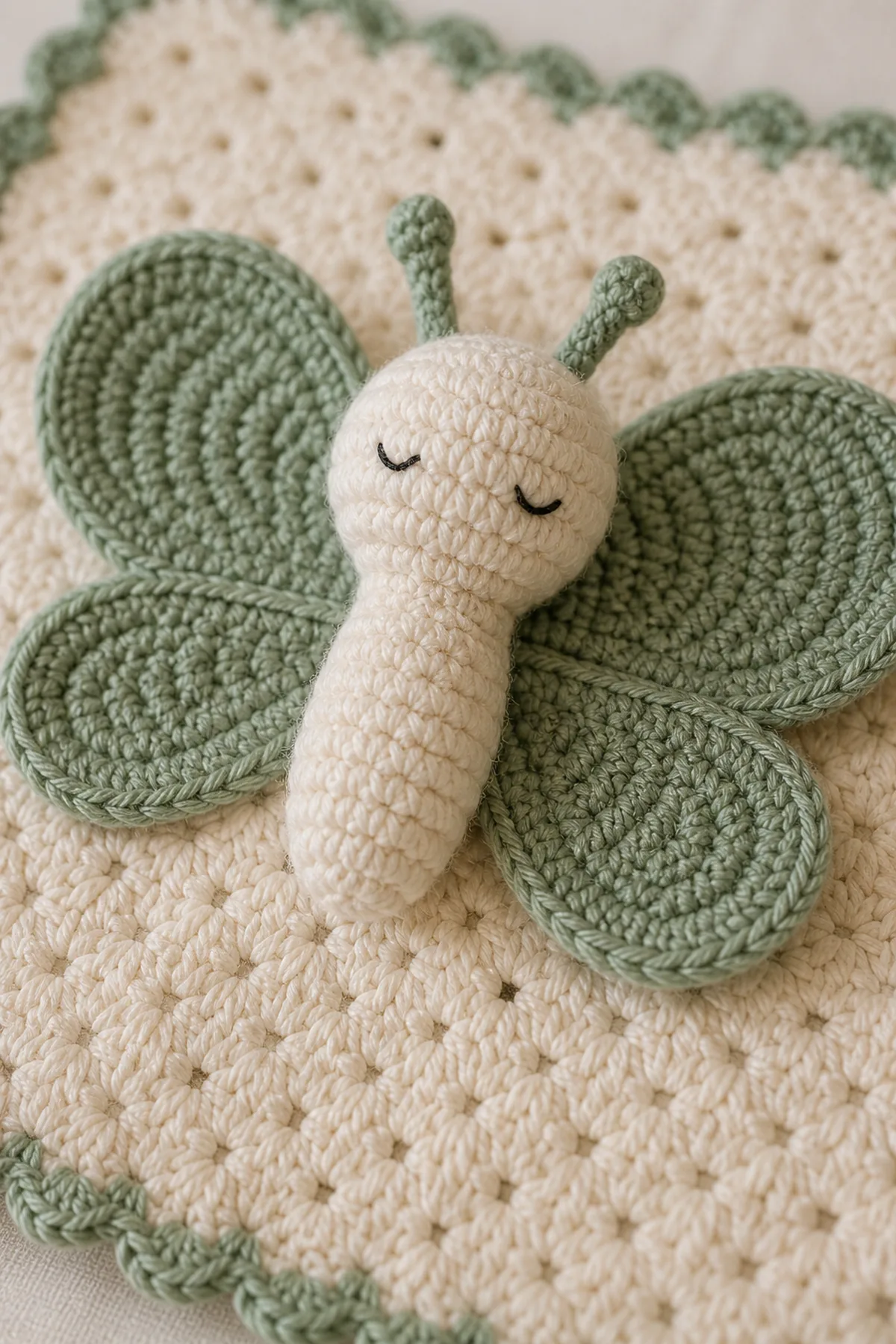 Close-up of the stitch texture and securely finished details on crochet butterfly lovey pattern - free baby security blanket pattern