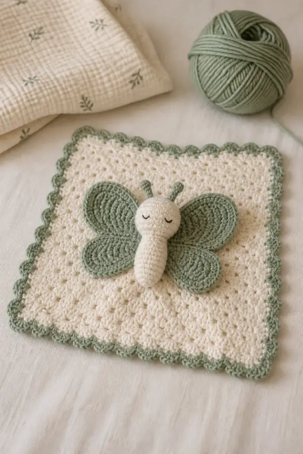 Finished crochet butterfly lovey pattern - free baby security blanket pattern in soft cream and sage yarn on a neutral nursery surface