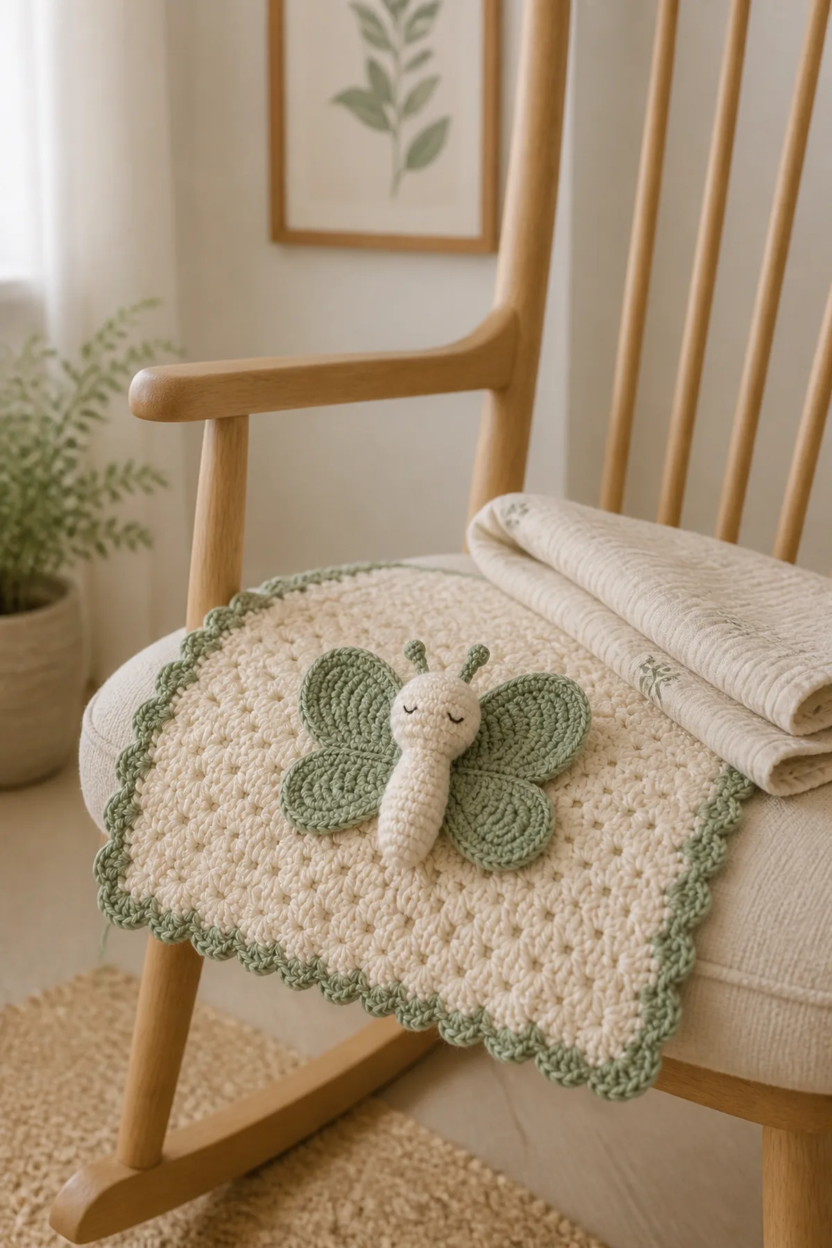 Finished crochet butterfly lovey pattern - free baby security blanket pattern styled in a calm bright nursery setting without a baby present
