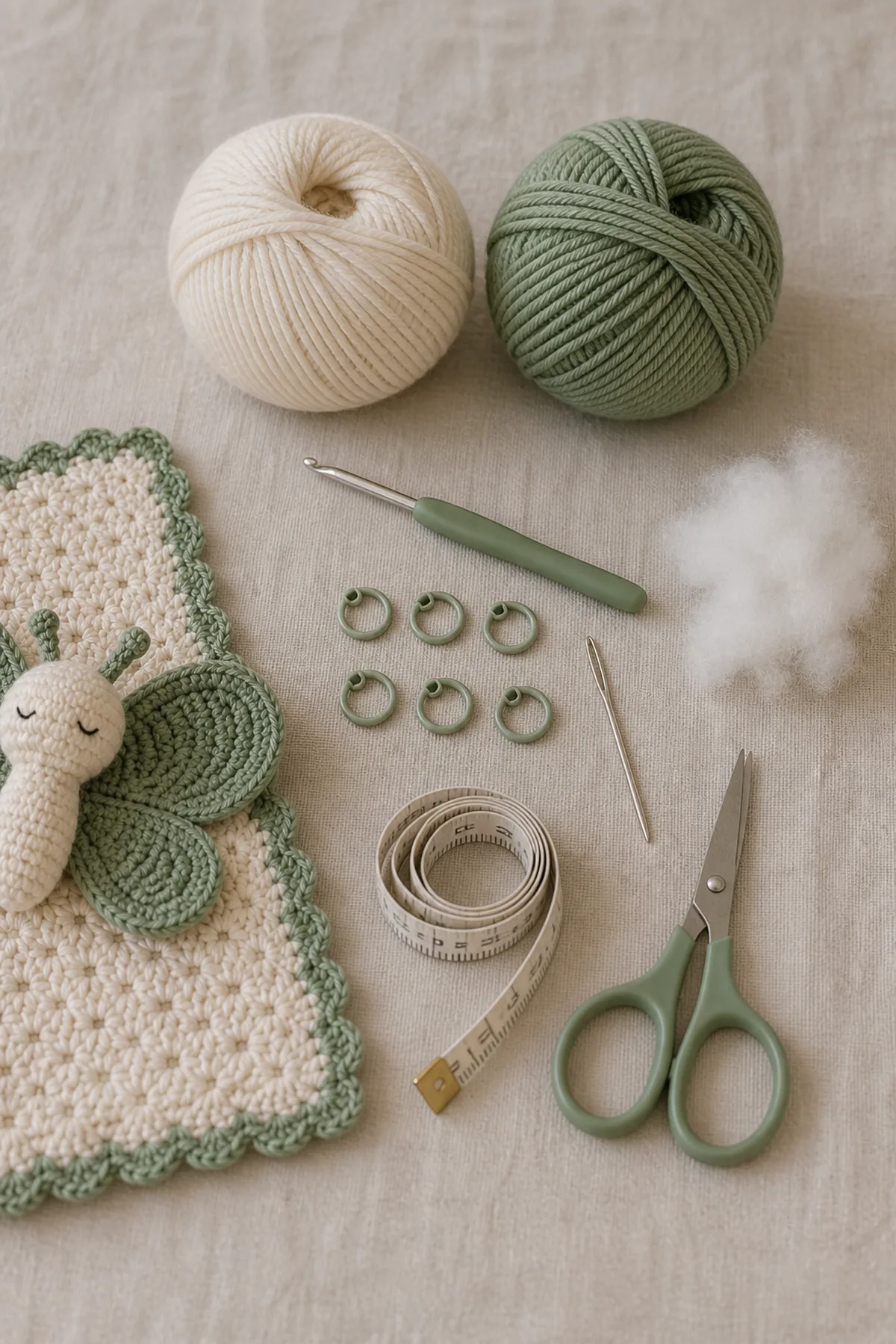 Baby-friendly yarn, crochet hook, stitch markers, tape measure, yarn needle, and scissors for crochet butterfly lovey pattern - free baby security blanket pattern