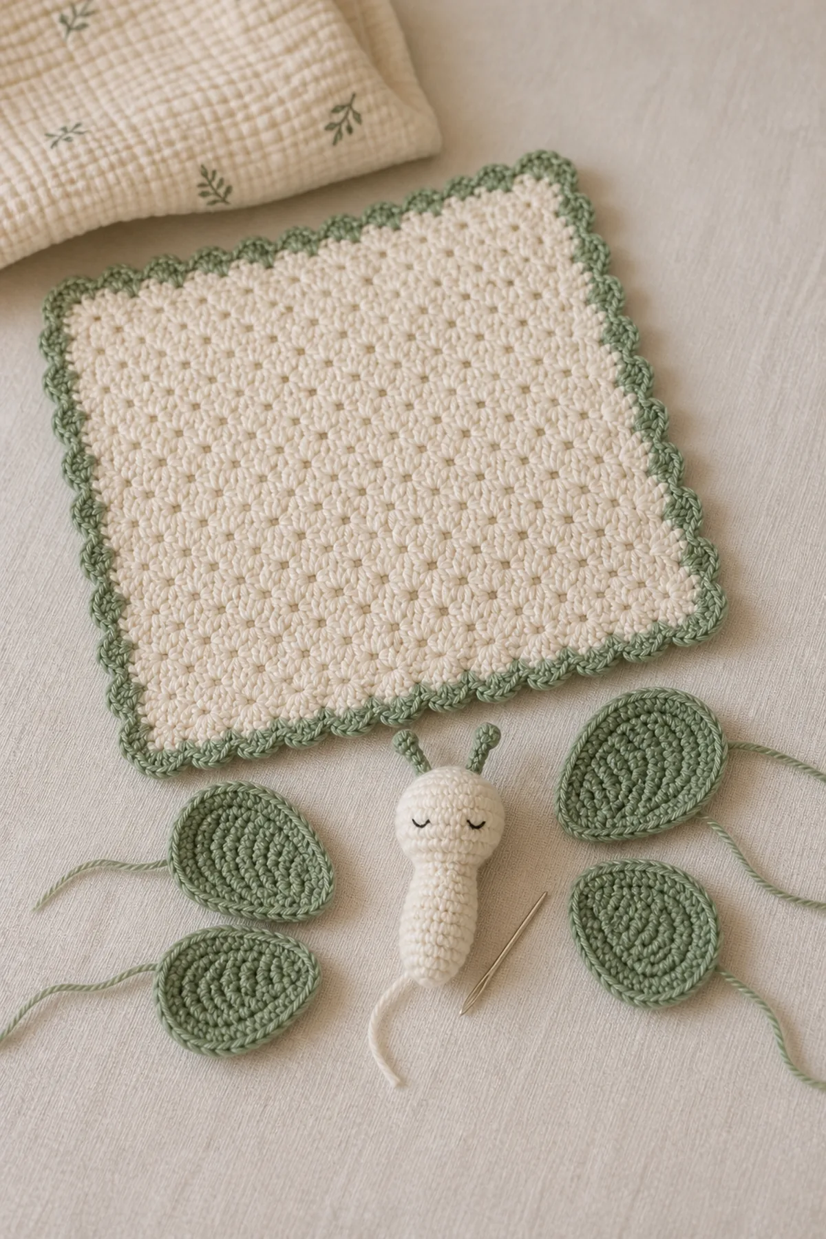 Mid-process construction of crochet butterfly lovey pattern - free baby security blanket pattern showing the established shape