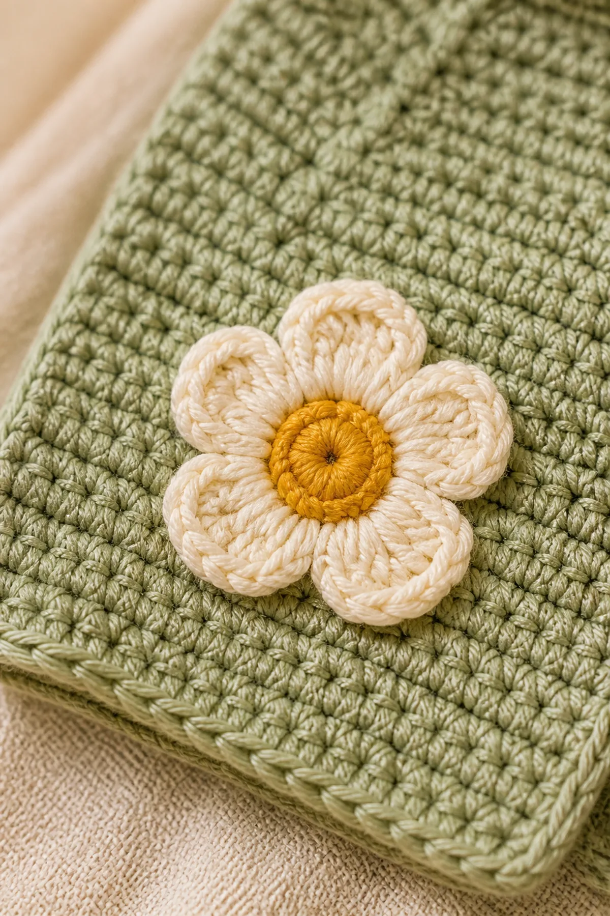 Close-up of the stitch texture and securely finished details on crochet single crochet baby sweater with daisy flowers pattern