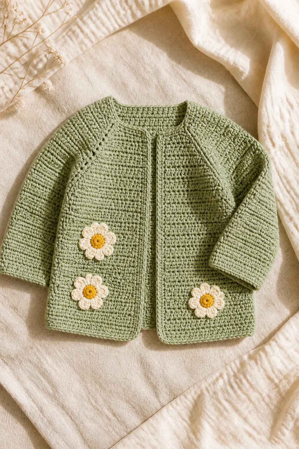 Finished crochet single crochet baby sweater with daisy flowers pattern in soft cream and sage yarn on a neutral nursery surface