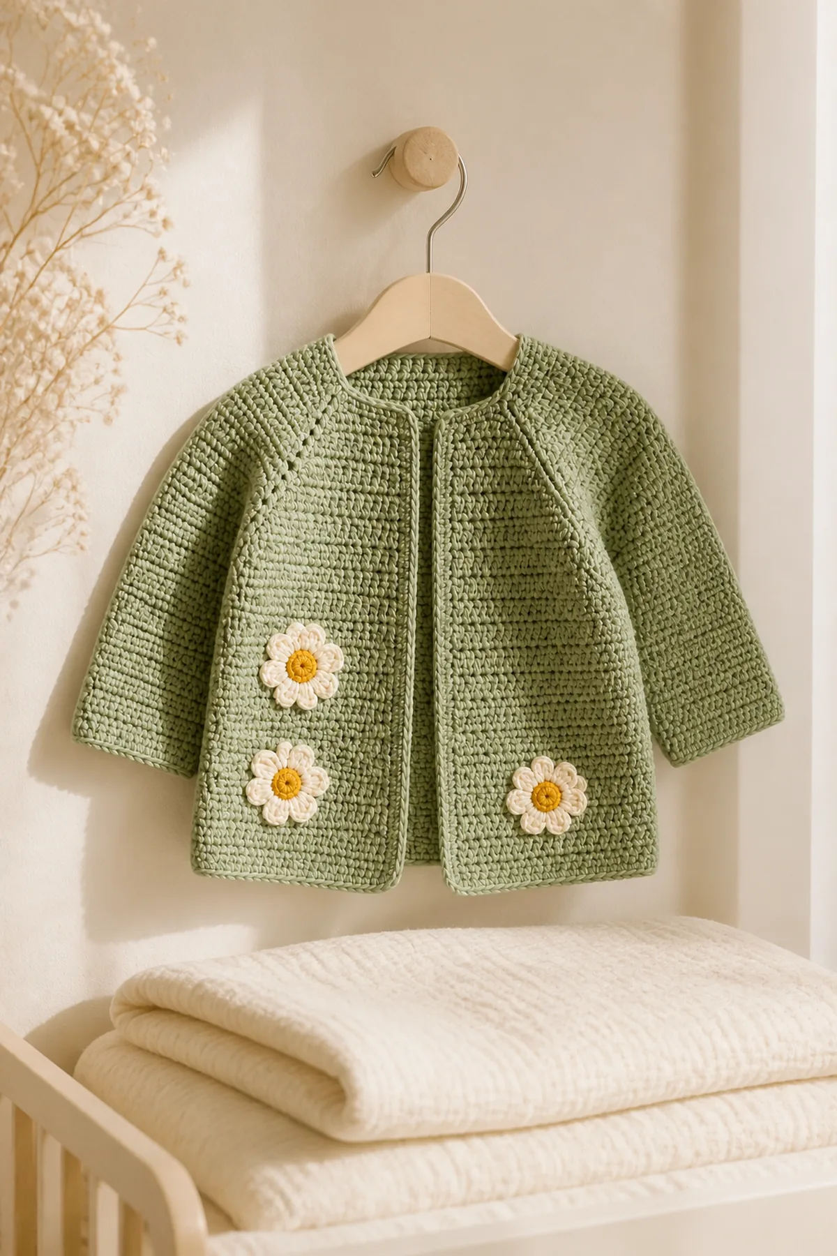 Finished crochet single crochet baby sweater with daisy flowers pattern styled in a calm bright nursery setting without a baby present