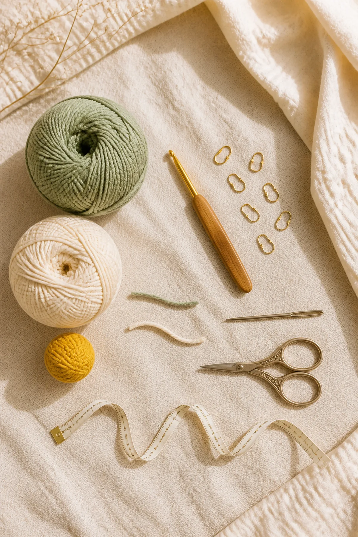 Baby-friendly yarn, crochet hook, stitch markers, tape measure, yarn needle, and scissors for crochet single crochet baby sweater with daisy flowers pattern