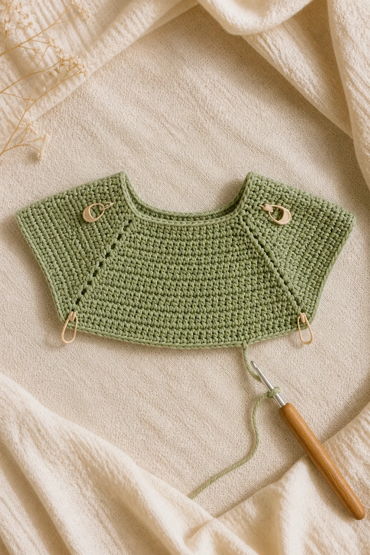 Early counted crochet stage of crochet single crochet baby sweater with daisy flowers pattern with matching yarn and hook