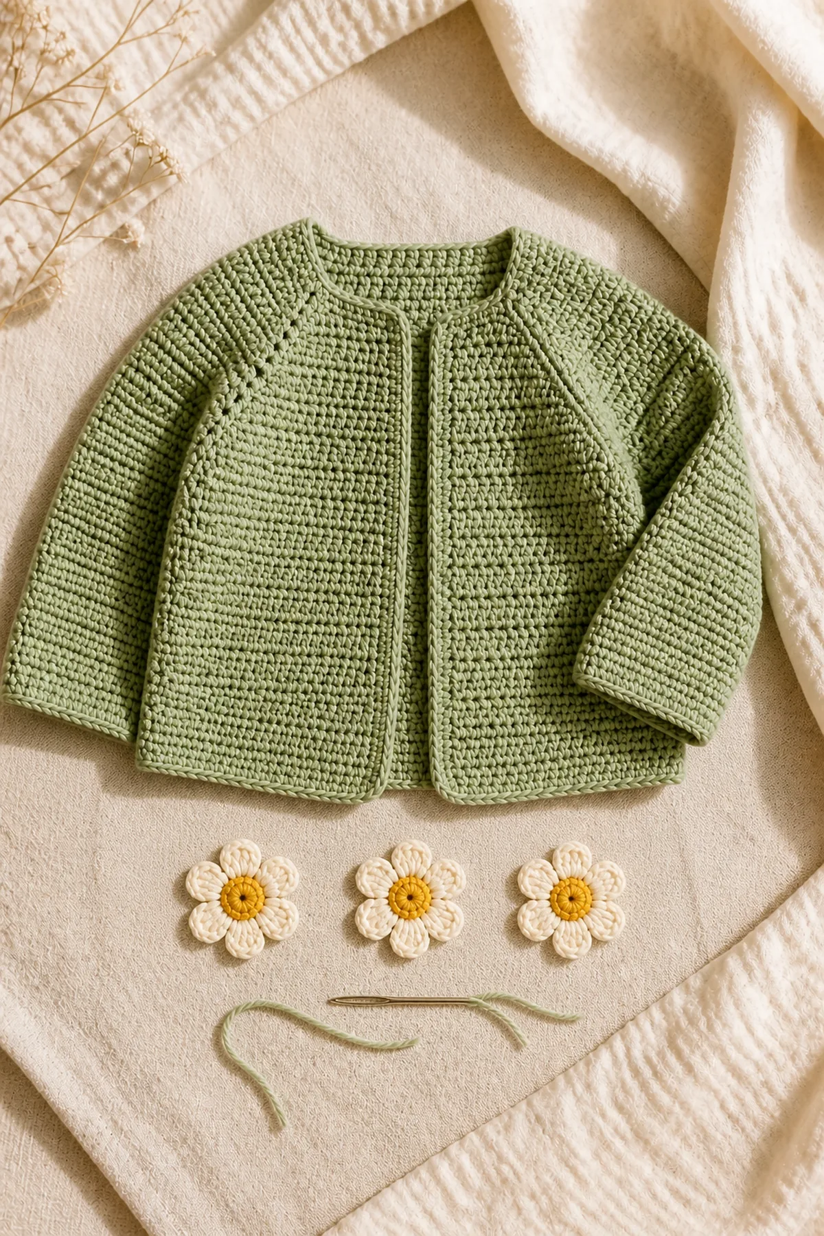 Mid-process construction of crochet single crochet baby sweater with daisy flowers pattern showing the established shape