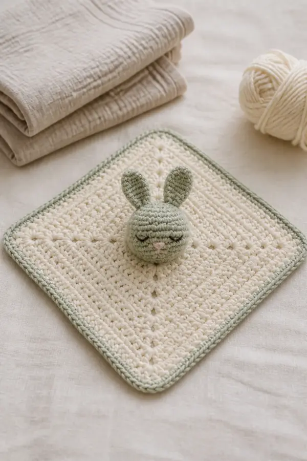 Finished cute tiny amigurumi patterns in soft cream and sage yarn on a neutral nursery surface