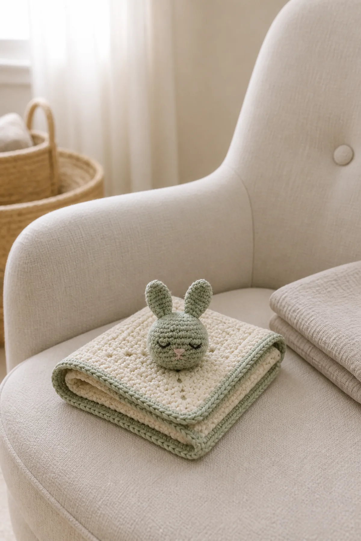 Finished cute tiny amigurumi patterns styled in a calm bright nursery setting without a baby present