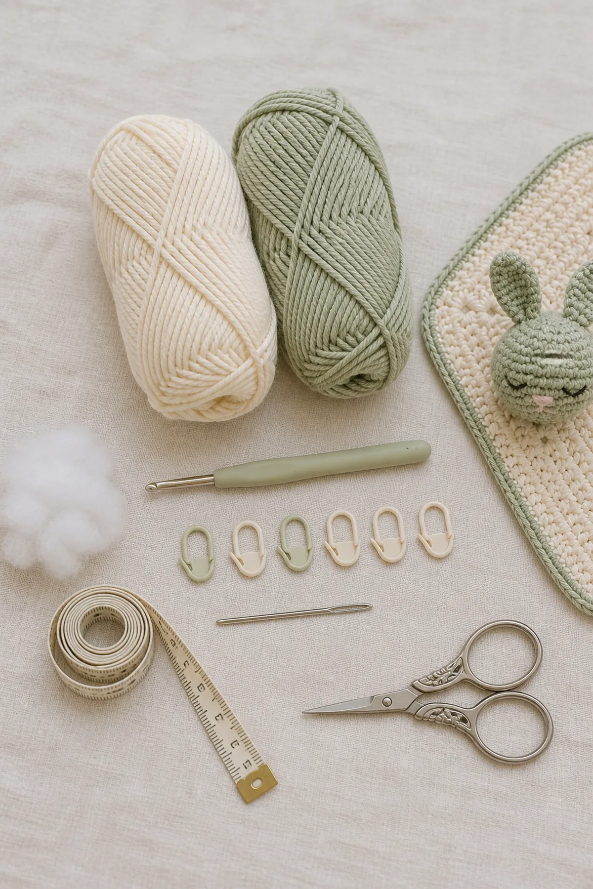 Baby-friendly yarn, crochet hook, stitch markers, tape measure, yarn needle, and scissors for cute tiny amigurumi patterns