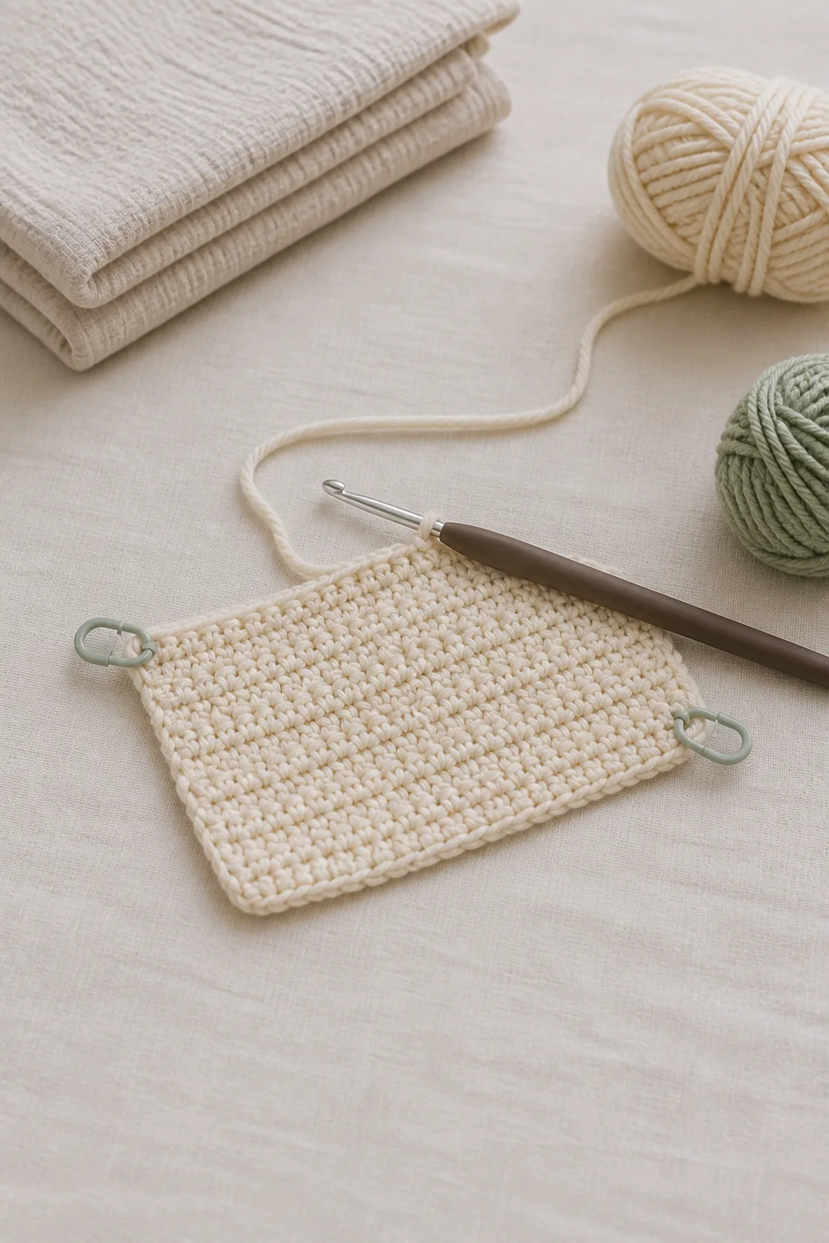 Early counted crochet stage of cute tiny amigurumi patterns with matching yarn and hook