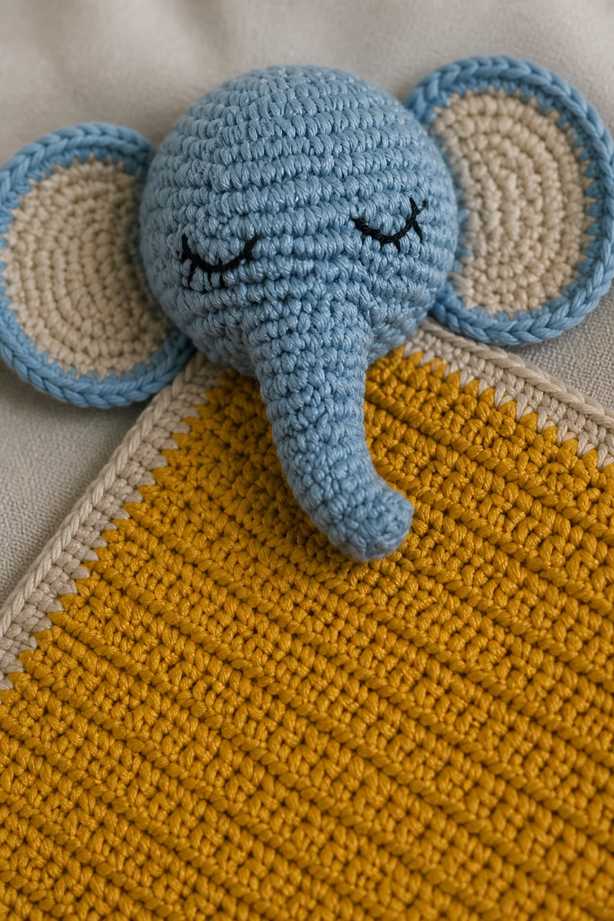 Close-up of the corner elephant's embroidered face, flat lined ears, anchored trunk, and reinforced seam