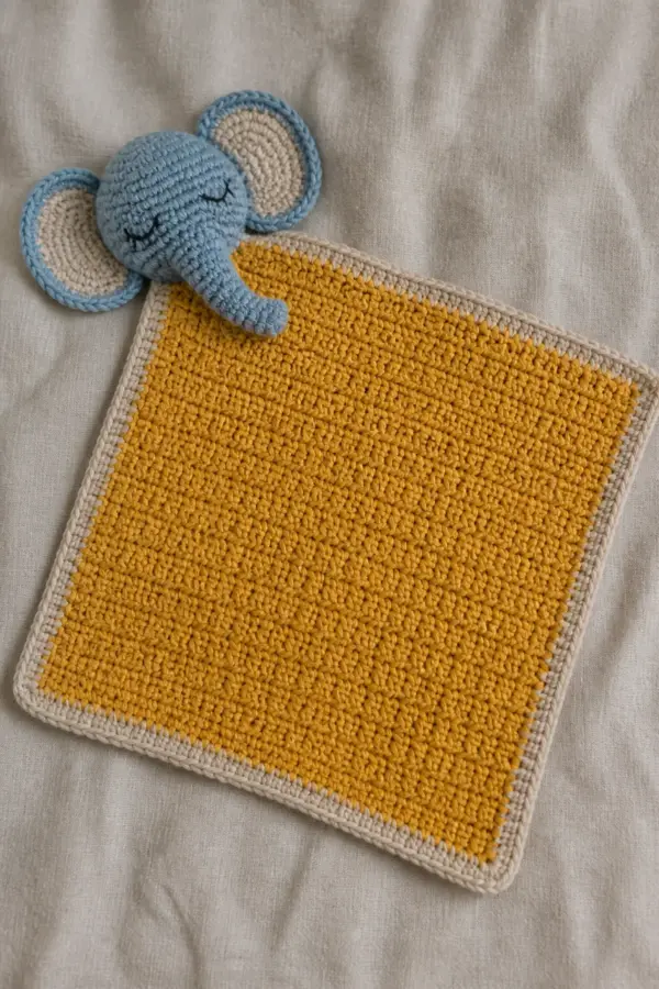 Finished cutie elephant blankie with honey-gold square and dusty-blue elephant attached at one corner