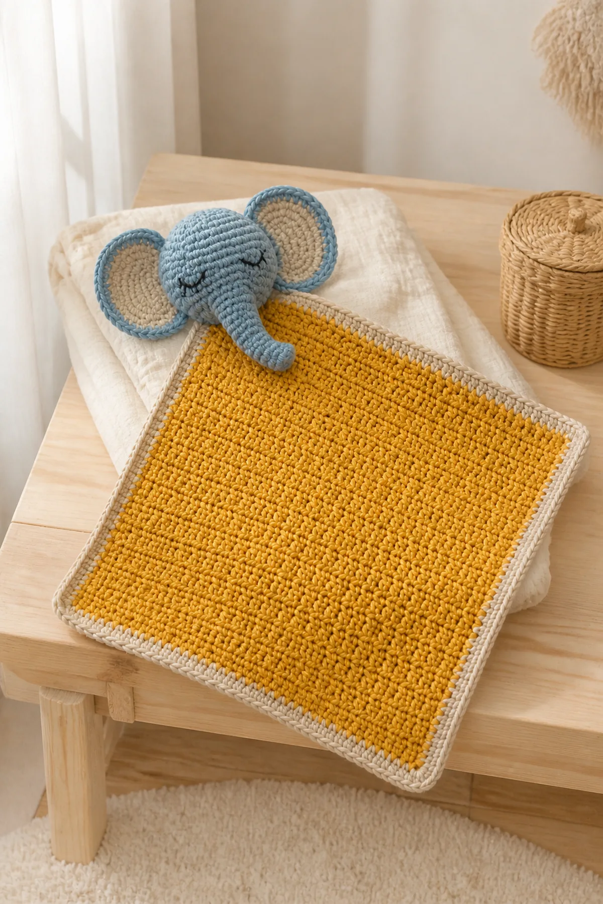 Finished cutie elephant blankie styled in a calm bright nursery setting without a baby present