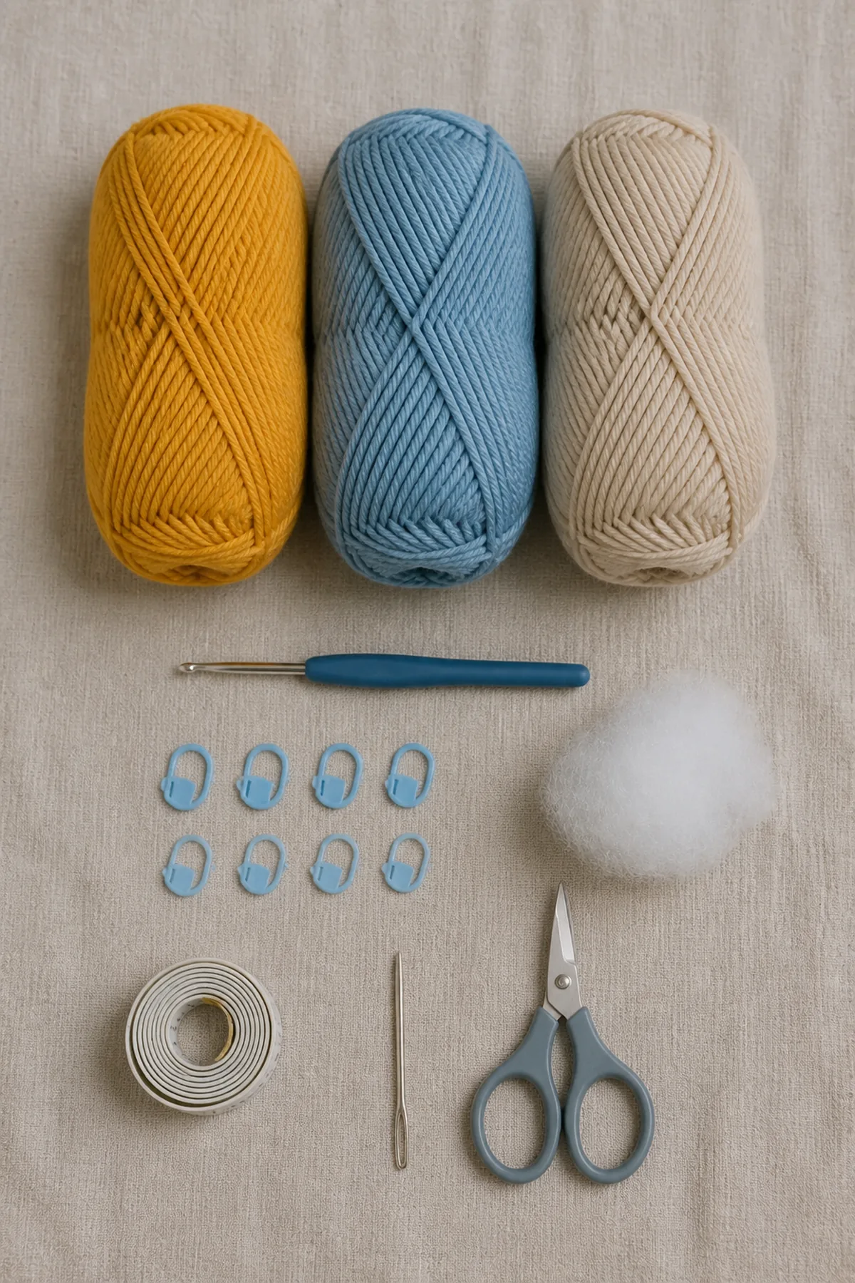 Baby-friendly yarn, crochet hook, stitch markers, tape measure, yarn needle, and scissors for cutie elephant blankie