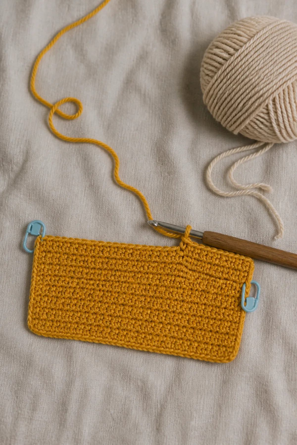 Early counted crochet stage of cutie elephant blankie with matching yarn and hook