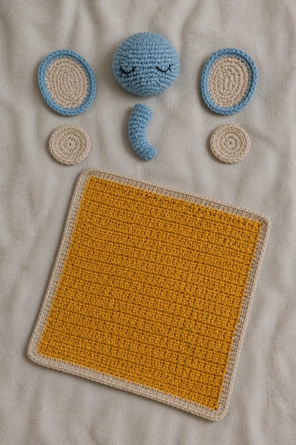 Honey-gold blankie with separate dusty-blue elephant head, two oatmeal-lined ears, and one short trunk