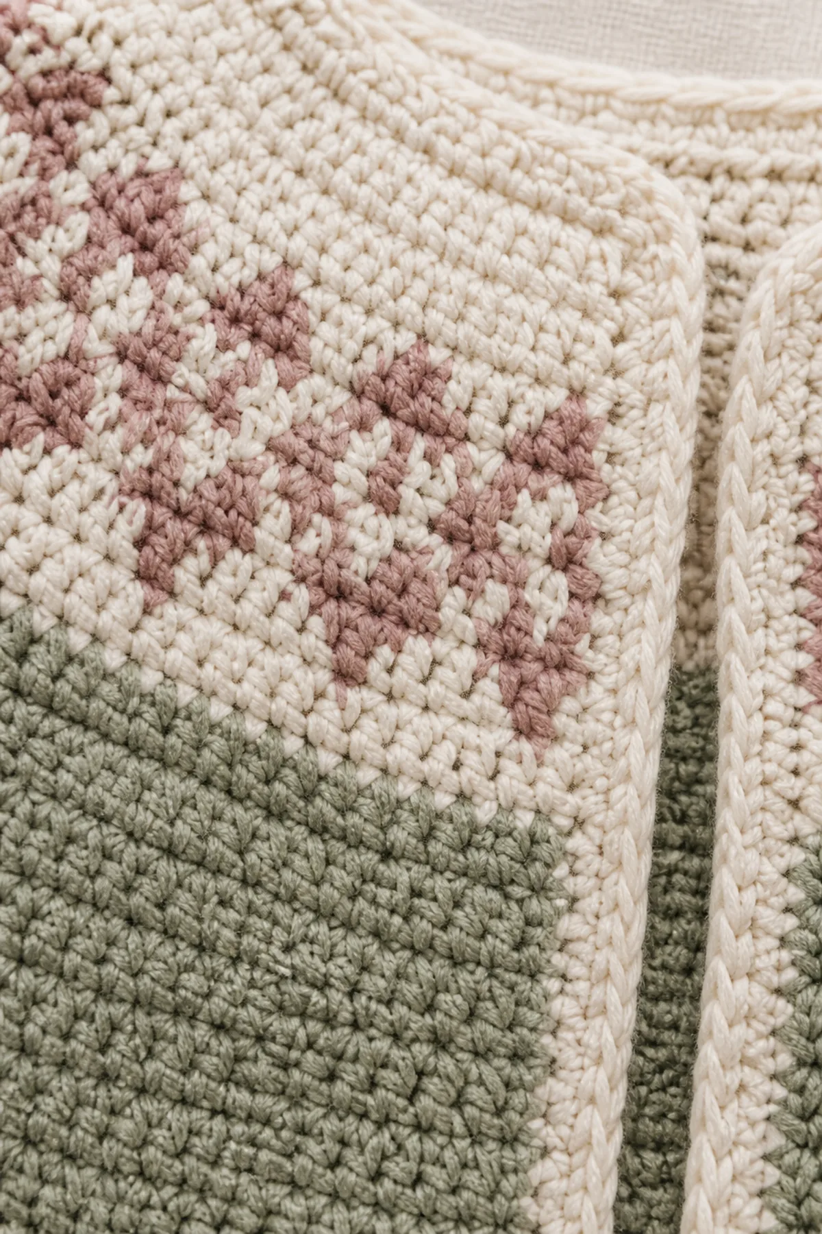 Close-up of the flat dusty-rose dahlia-inspired yoke colorwork and oatmeal finishing